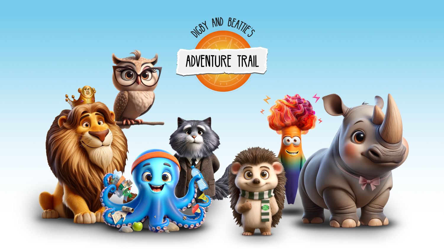 Picture of multiple animated animals that form Digby and Beattie's adventure trail