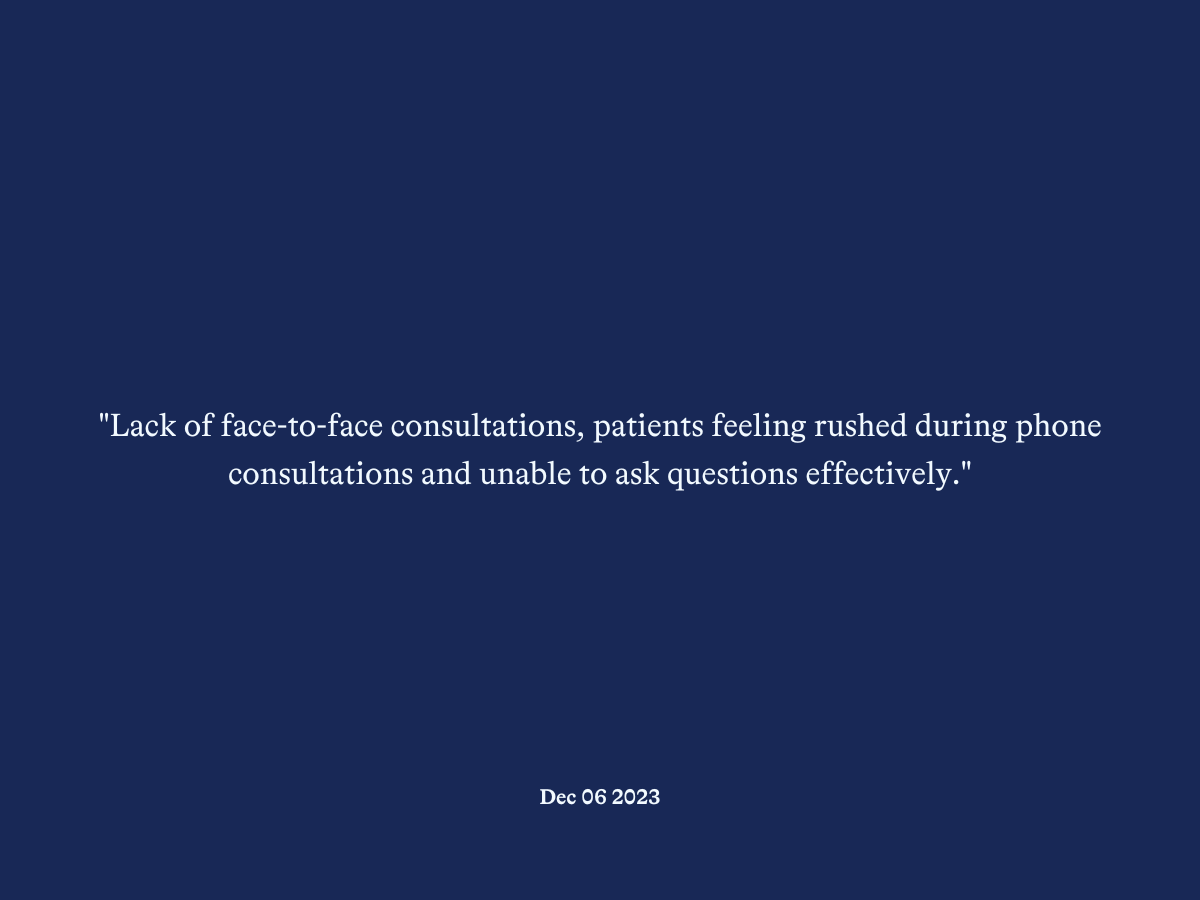 "Lack of face-to-face consultations, patients feeling rushed during phone consultations and unable to ask questions effectively."
