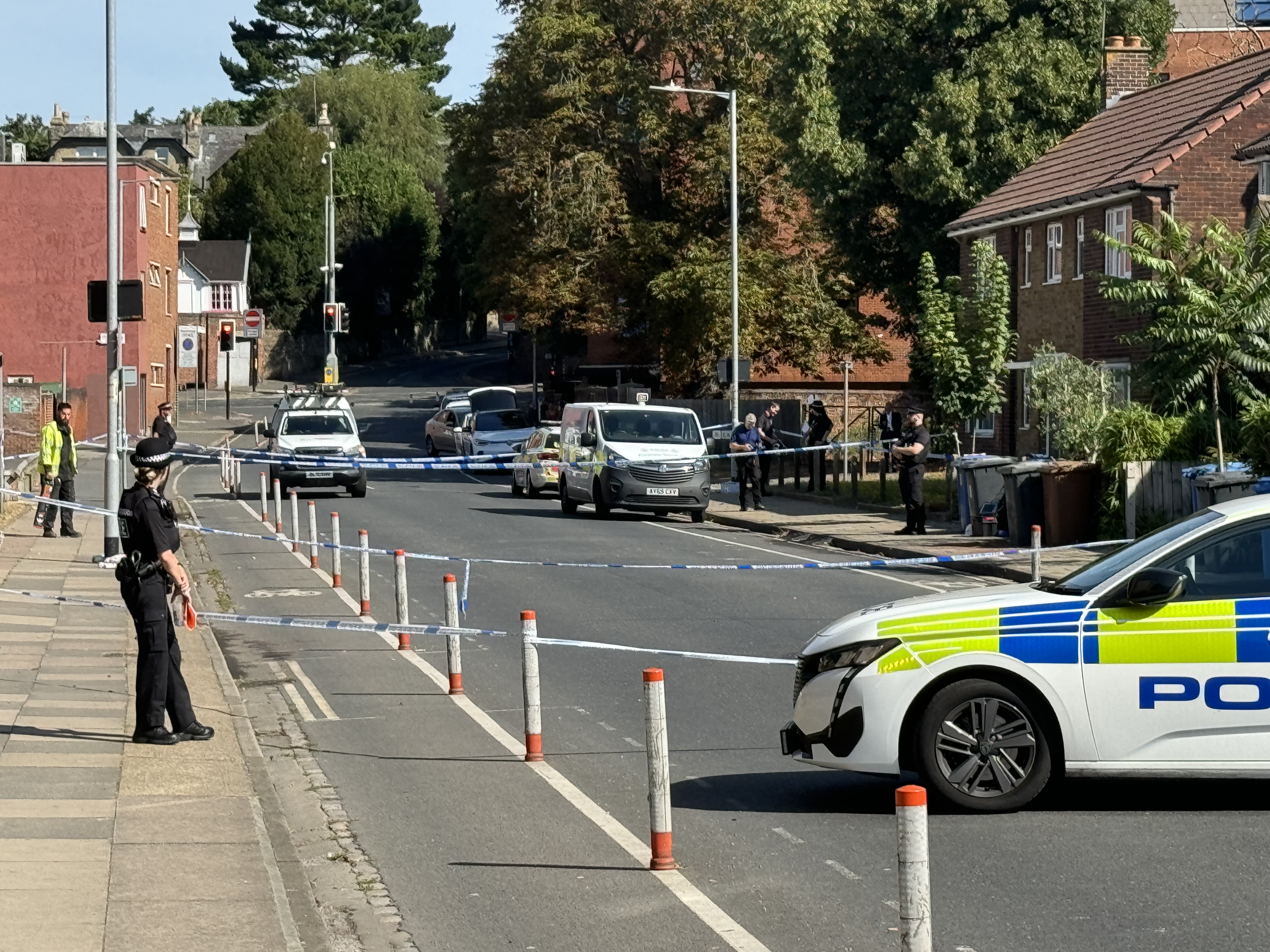 Police remain at the scene of the suspected arson attack on Portman Road