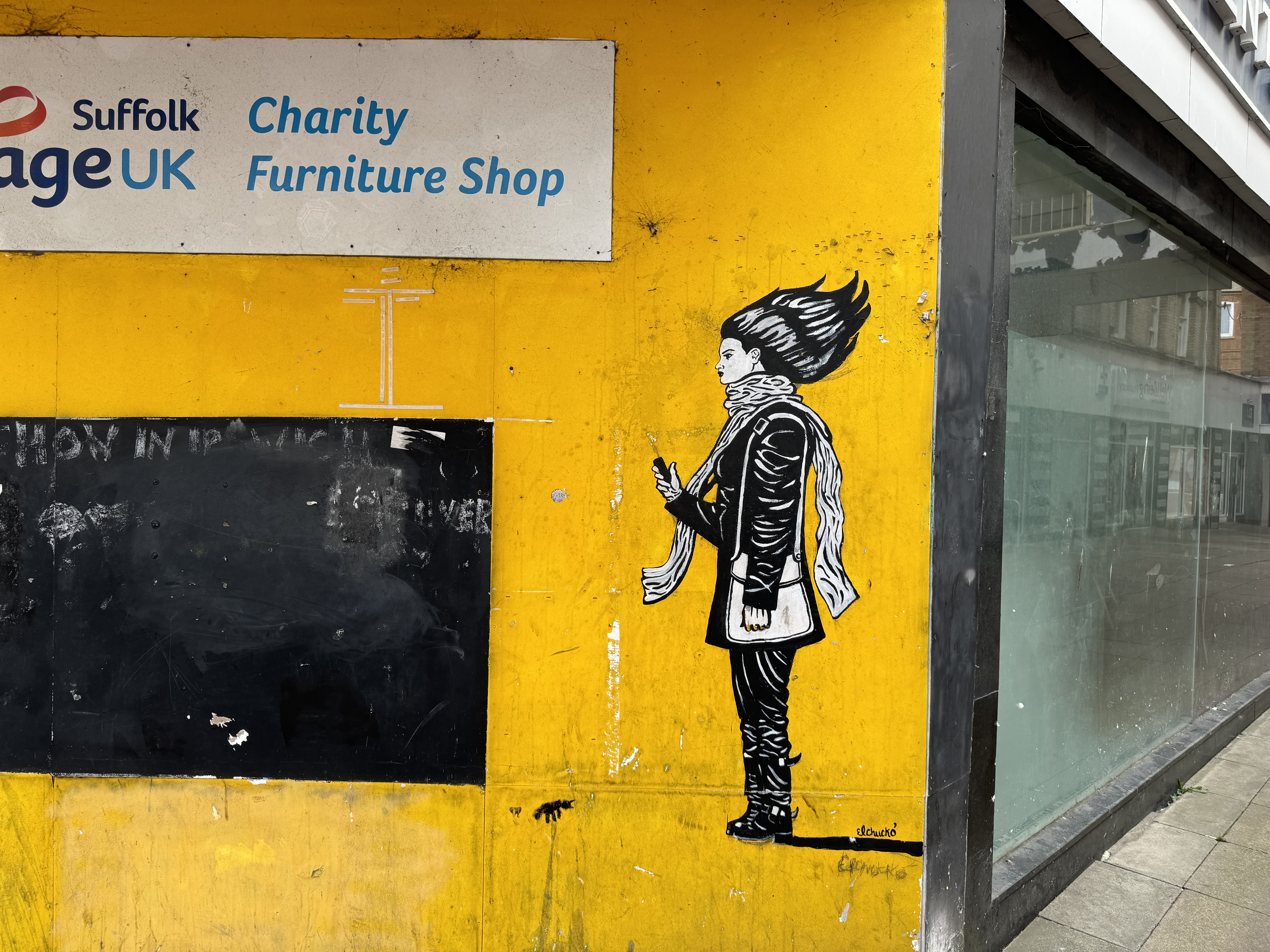 El Chucko stencil on Suffolk Age UK building