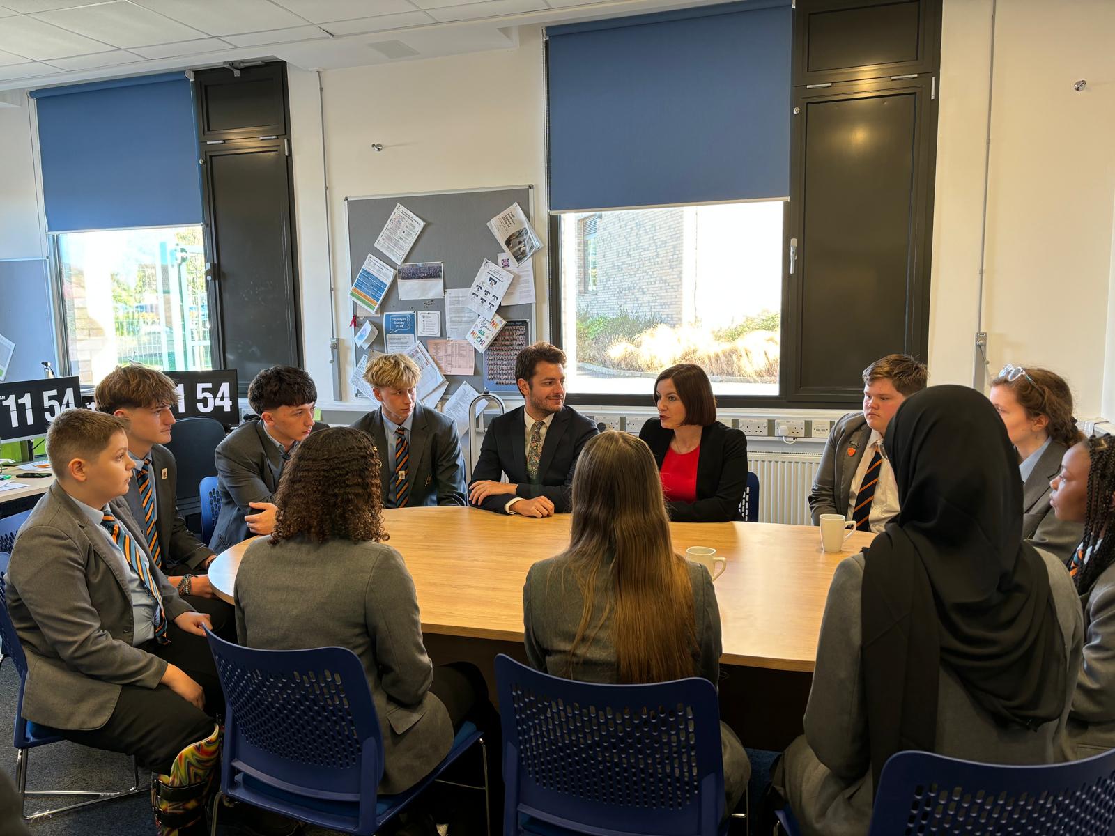 Jack Abbott and Bridget Phillipson with students at Chantry Academy