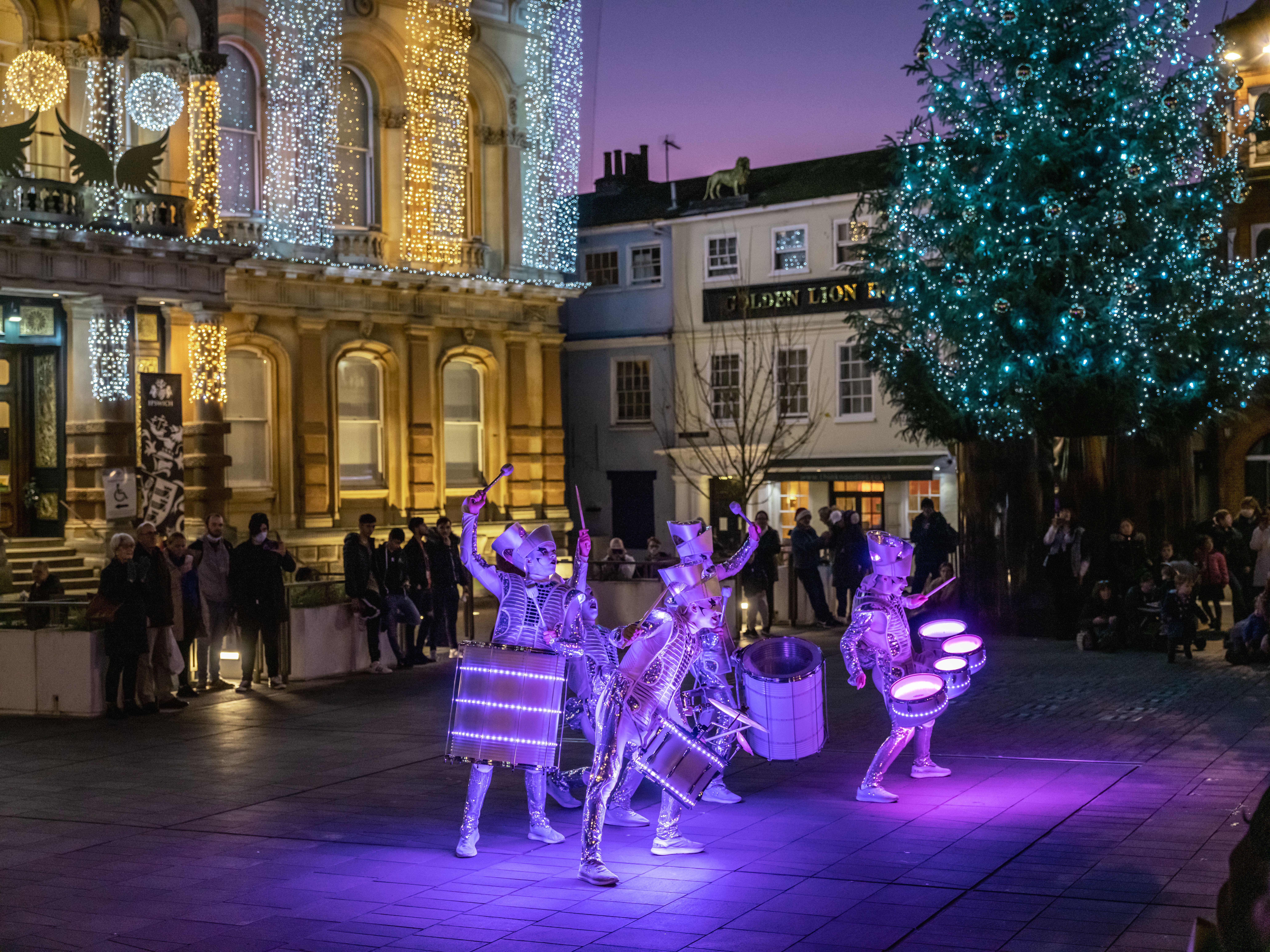 Christmas lights and performance outside the town hall in Ipswich