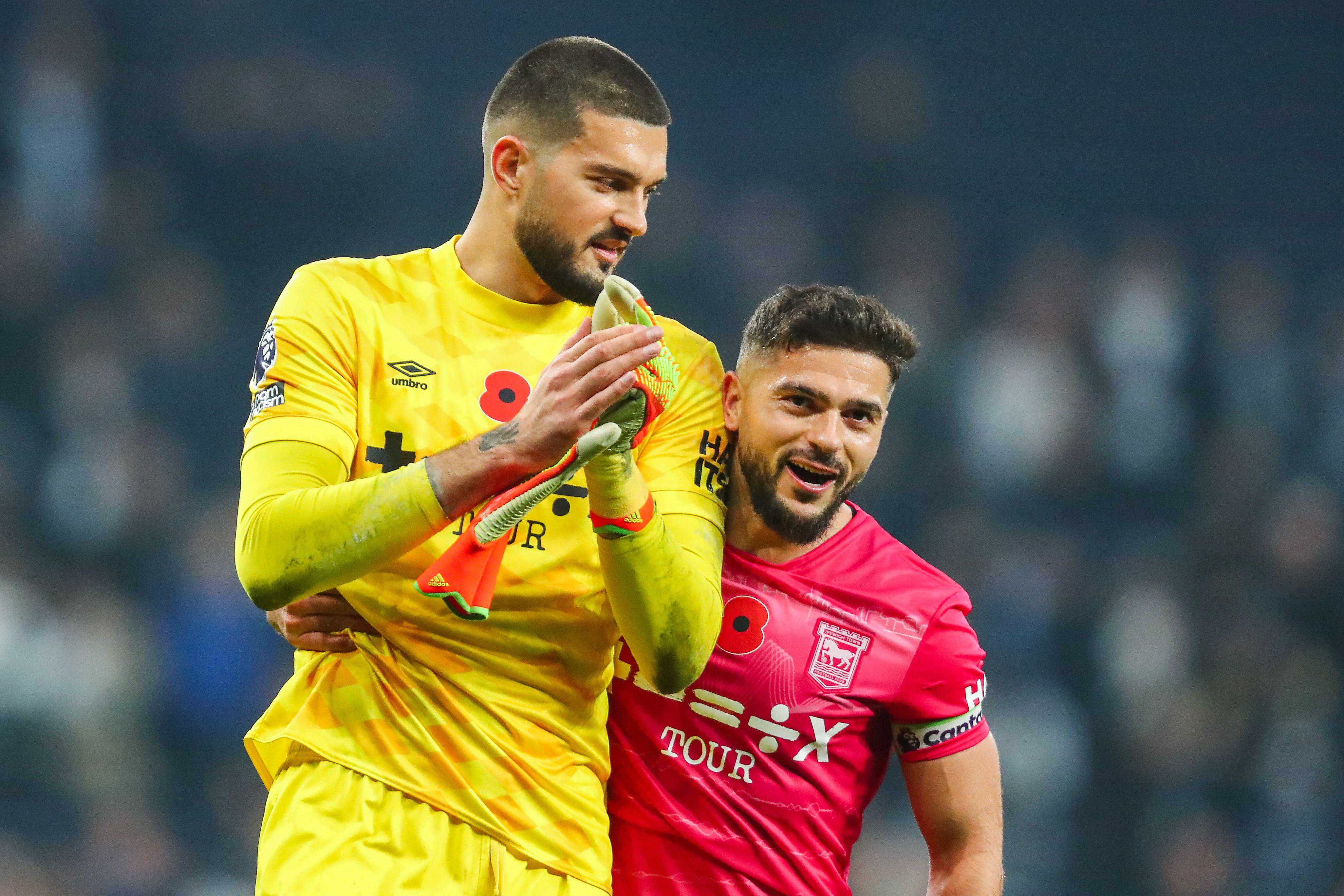 Ipswich Town captain Sami Morsy celebrates with keeper Muric after the final whistle