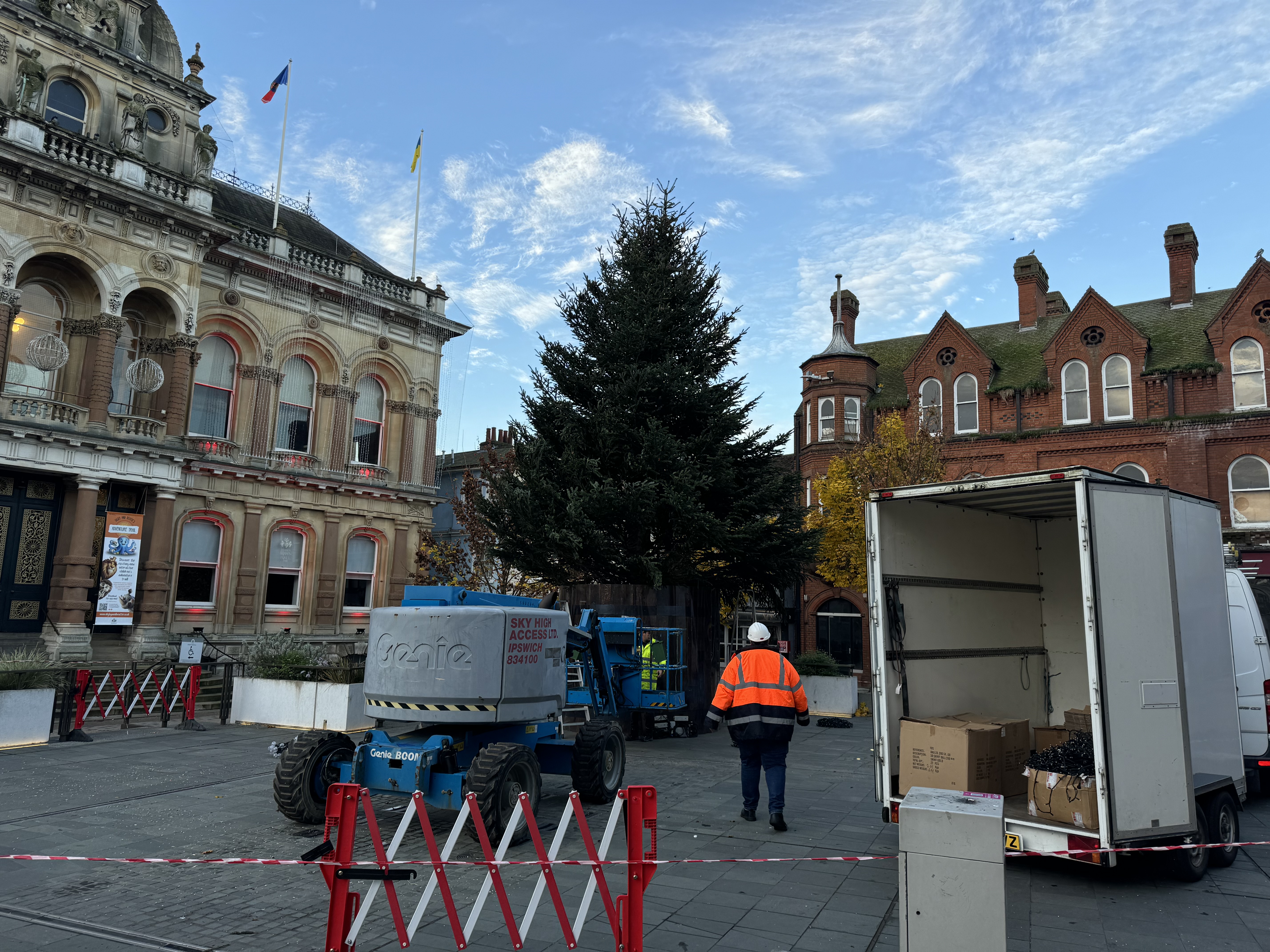 A 40ft Christmas tree being erected on the Cornhill in Ipswich