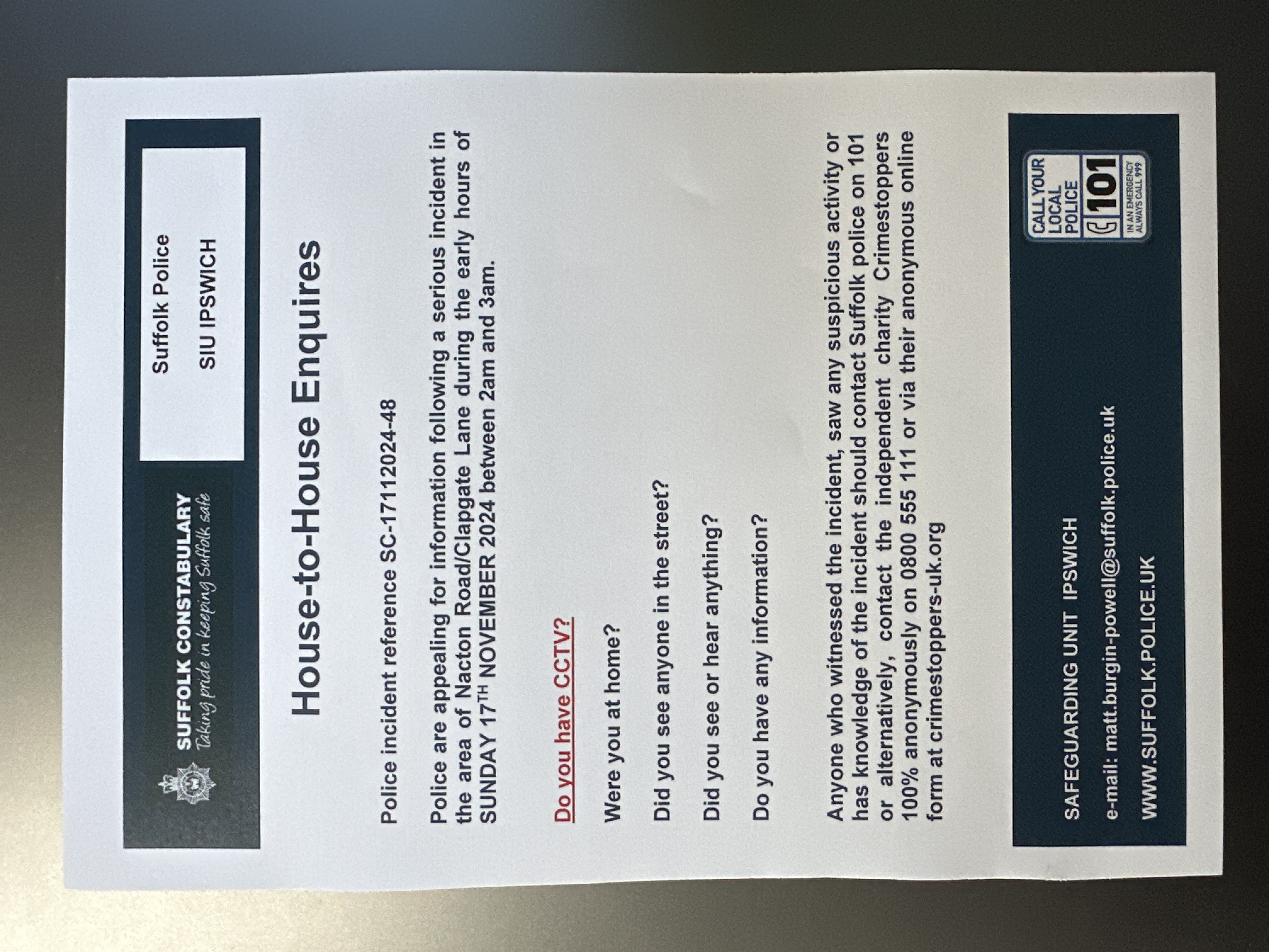 Suffolk Police have distributed leaflets seeking support from the public