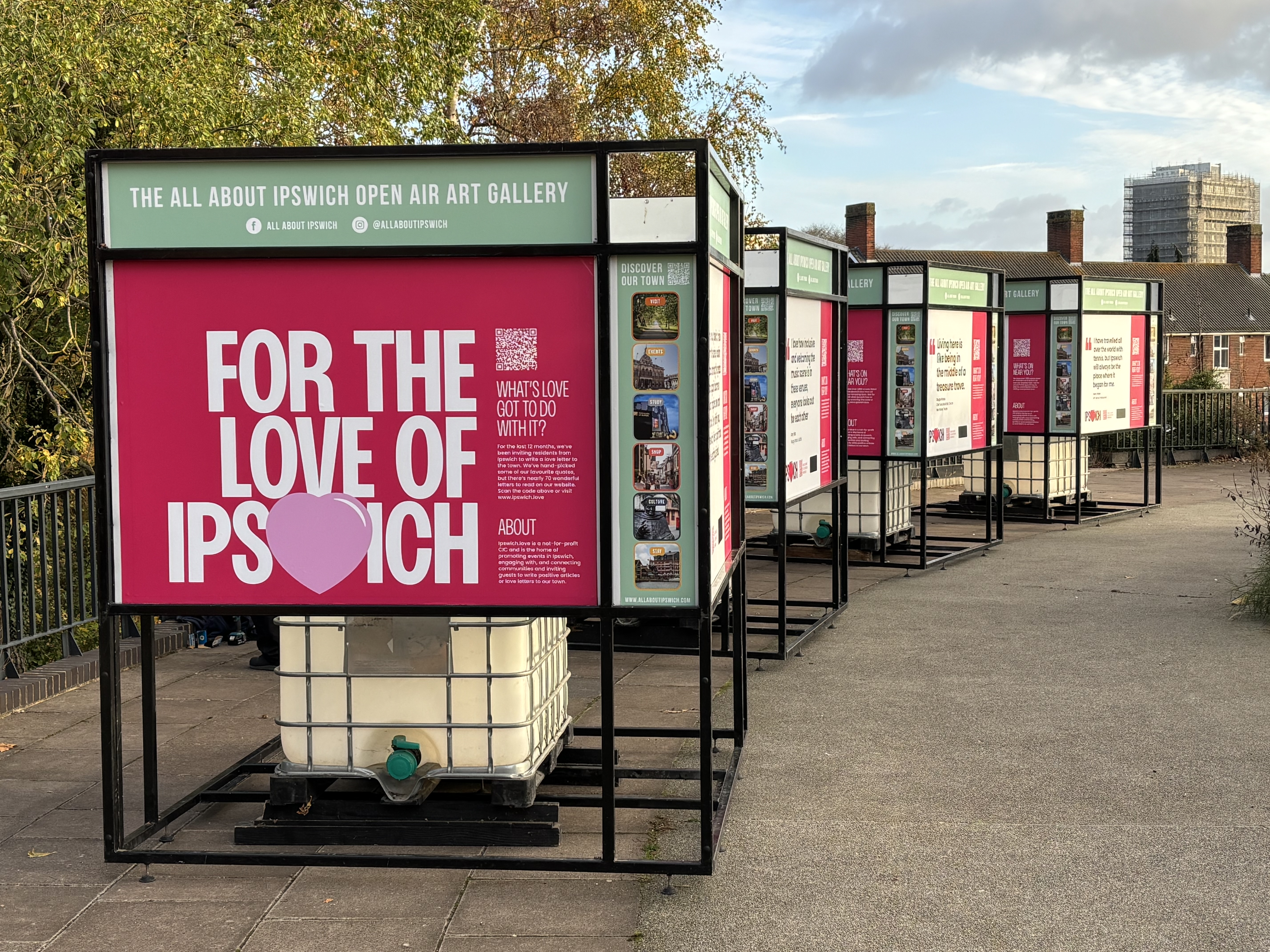 Four giant exhibition cubes have been installed outside the New Wolsey Theatre in Ipswich to showcase local initiatives and celebrate the town