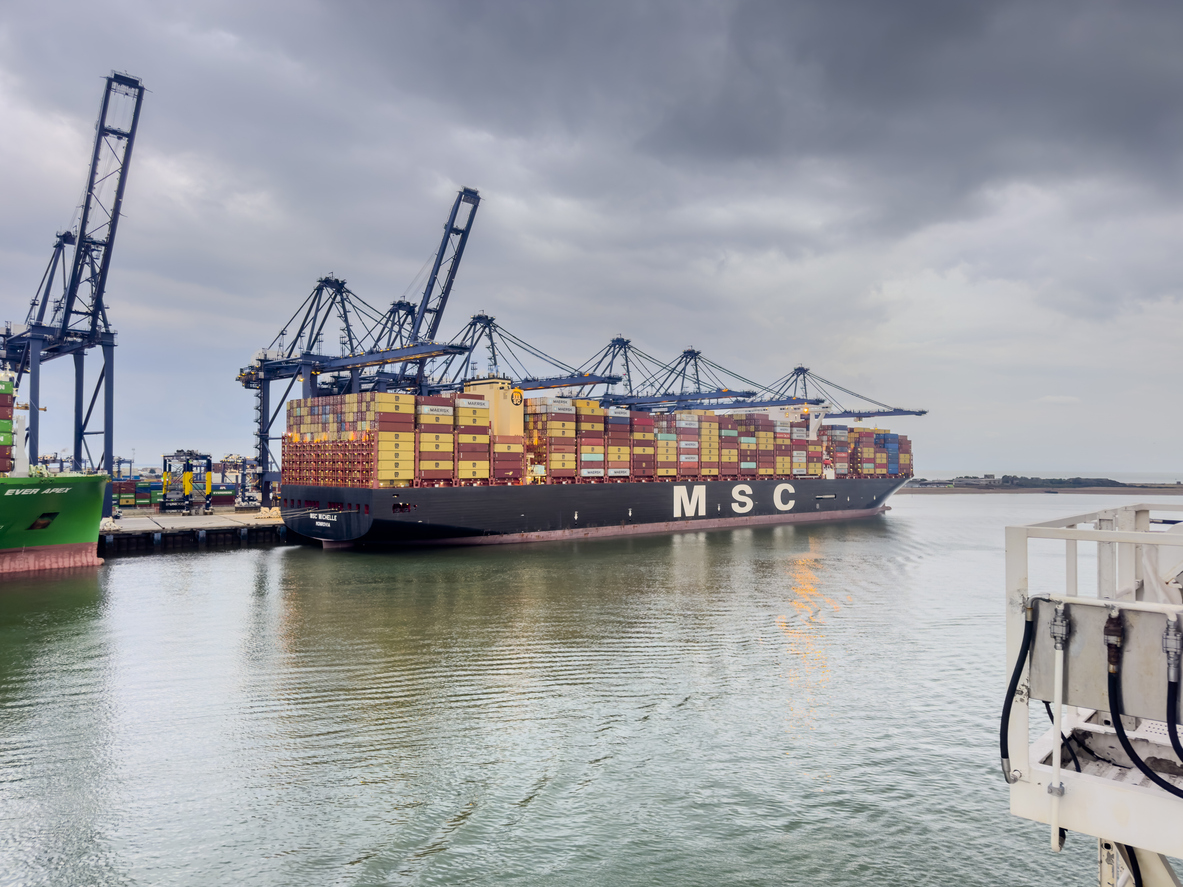 A MSC container ship docked at Felixstowe
