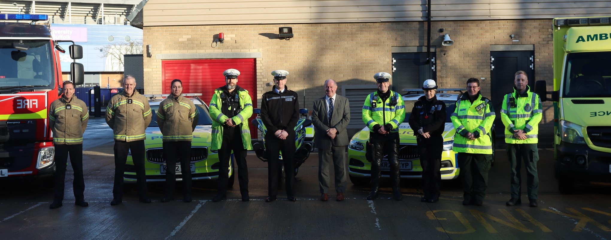 PCC Tim Passmore and representatives from Suffolk Fire & Rescue Service, Suffolk Police & East of England Ambulance Service