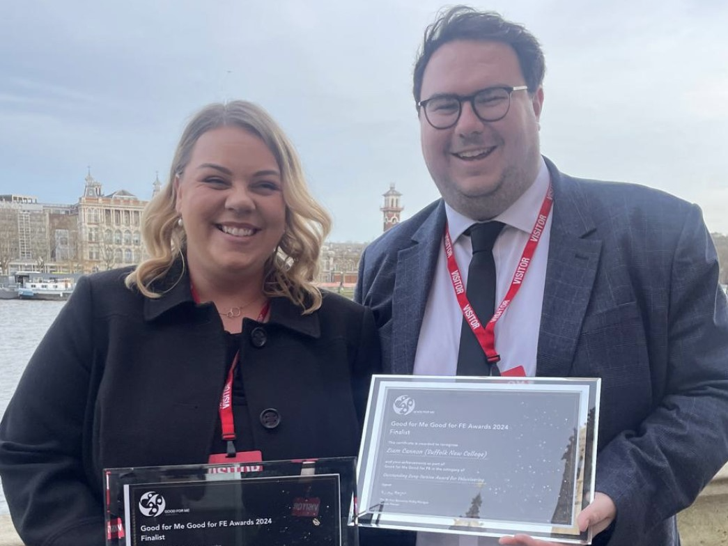 Rosie and Liam with their 'Good for Me - good for FE' accoaldes outside the House of Lords