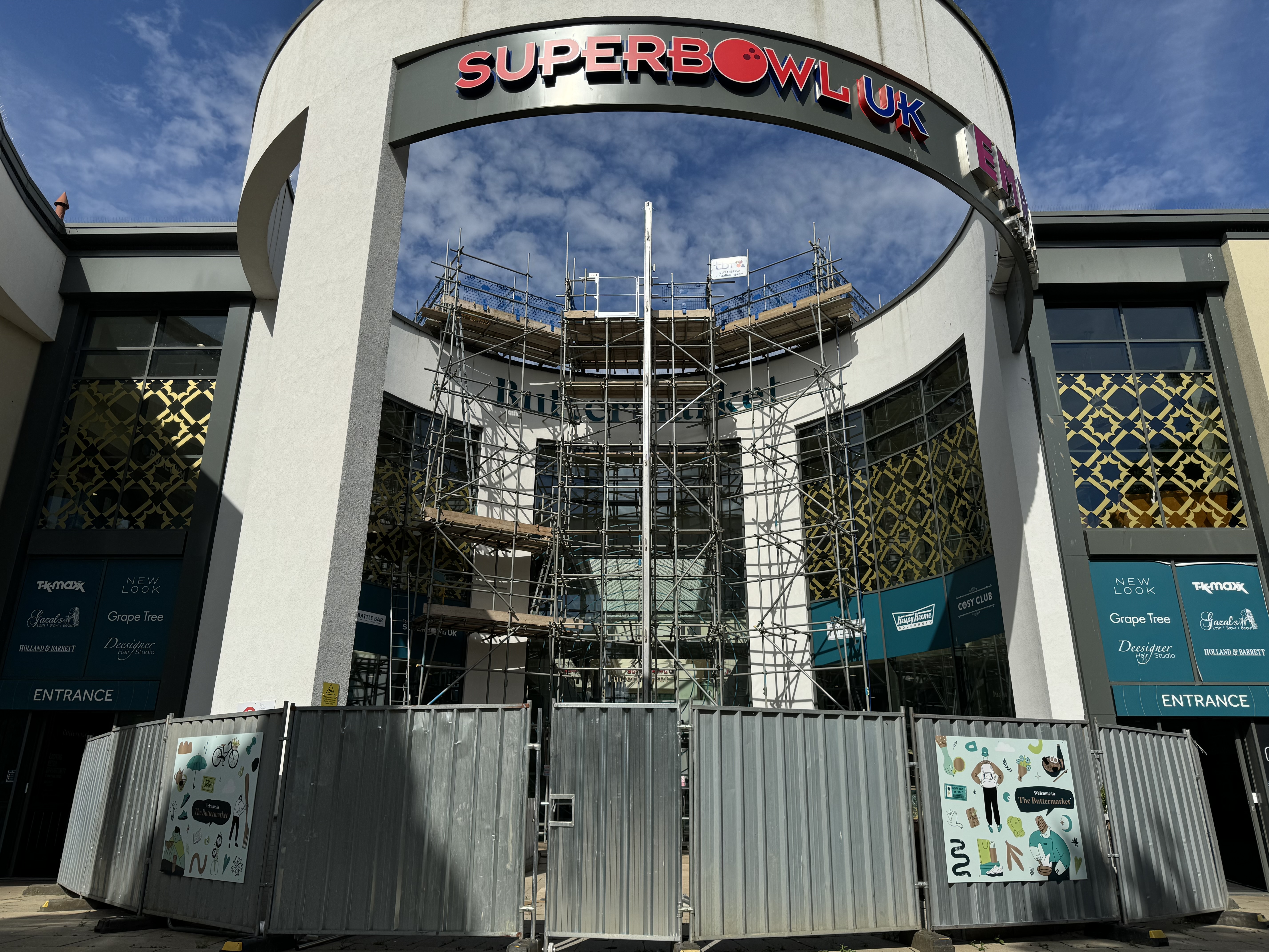 The Buttermarket Centre in Ipswich with scaffolding up