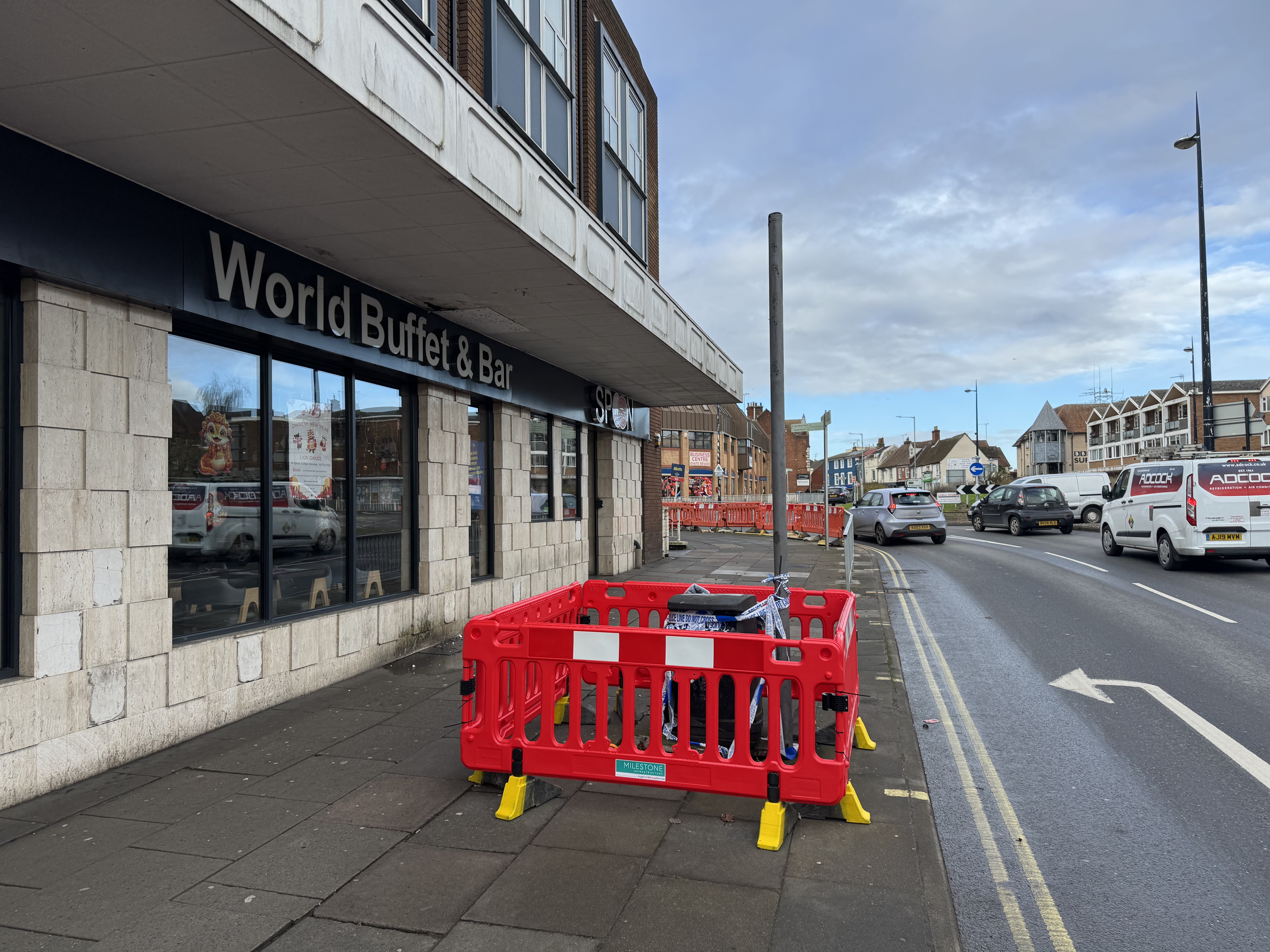 The site of the hit and run outside the Spoon World Buffet & Bar restaurant on St Matthews Street in Ipswich