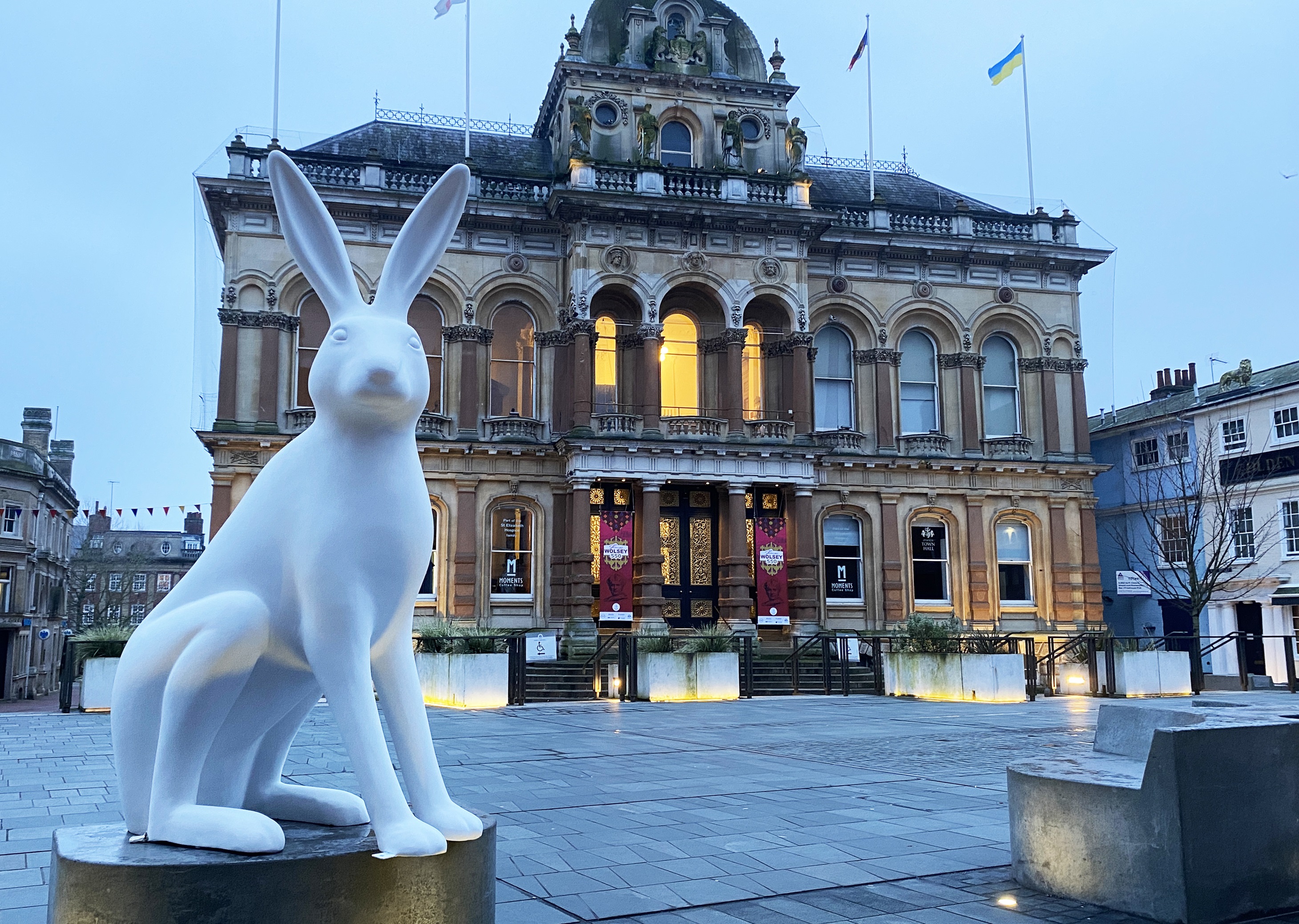 Giant hare sculpture outside the town hall in Ipswich
