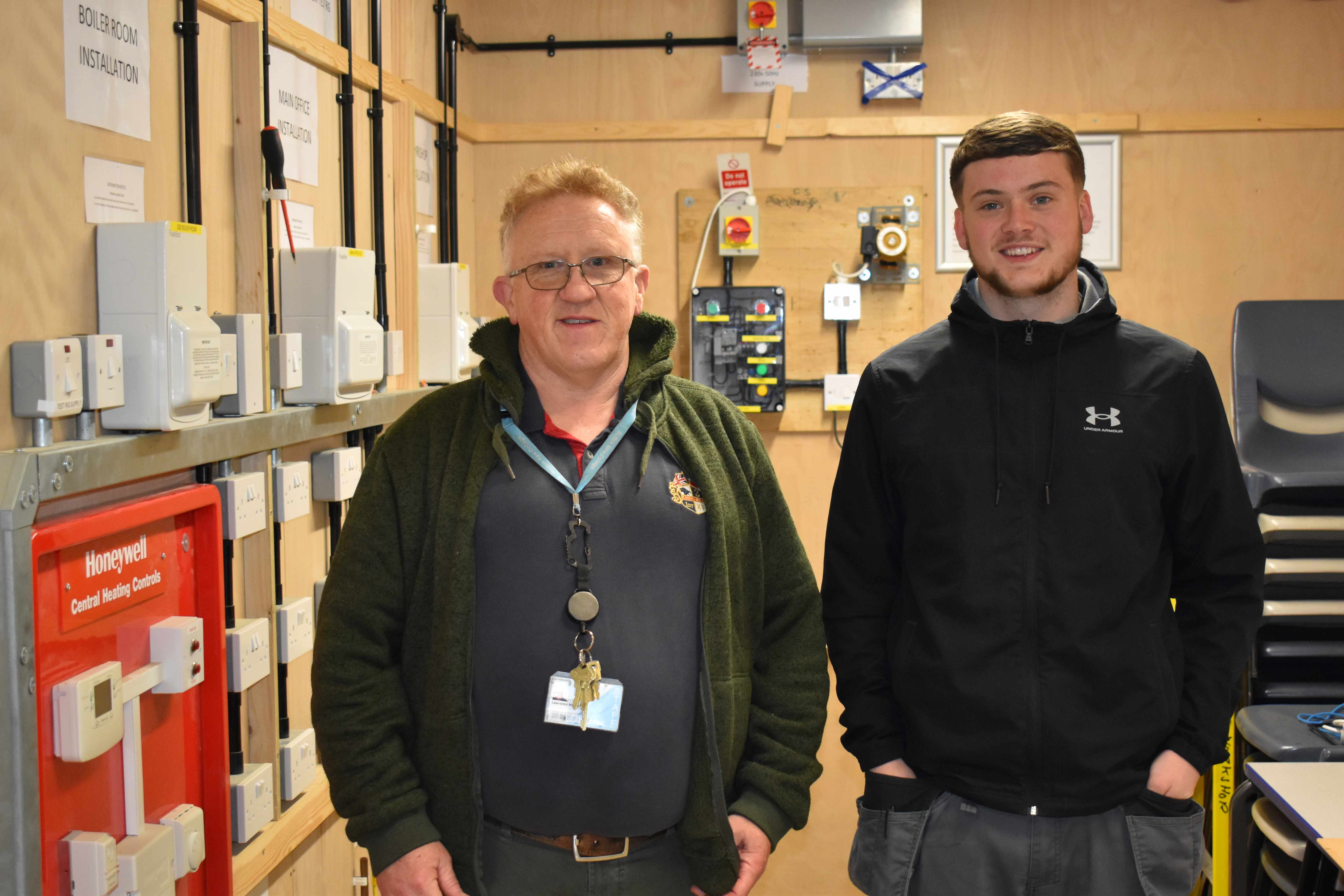 Lawrence Metcalfe and Zack at Suffolk New College preparing for the national SPARKS final