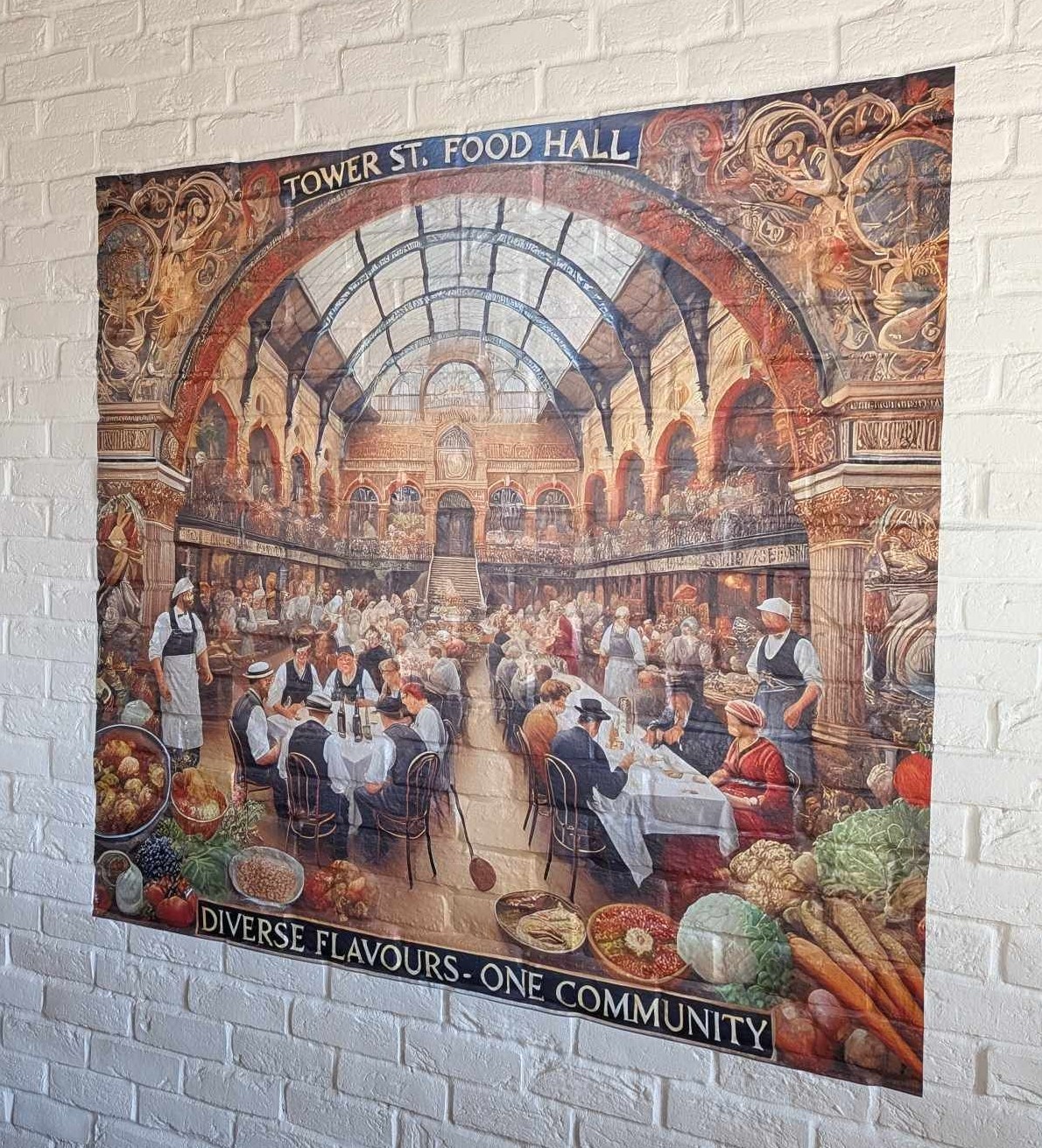 Tower Street Food Hall mural celebrating community & diverse flavours