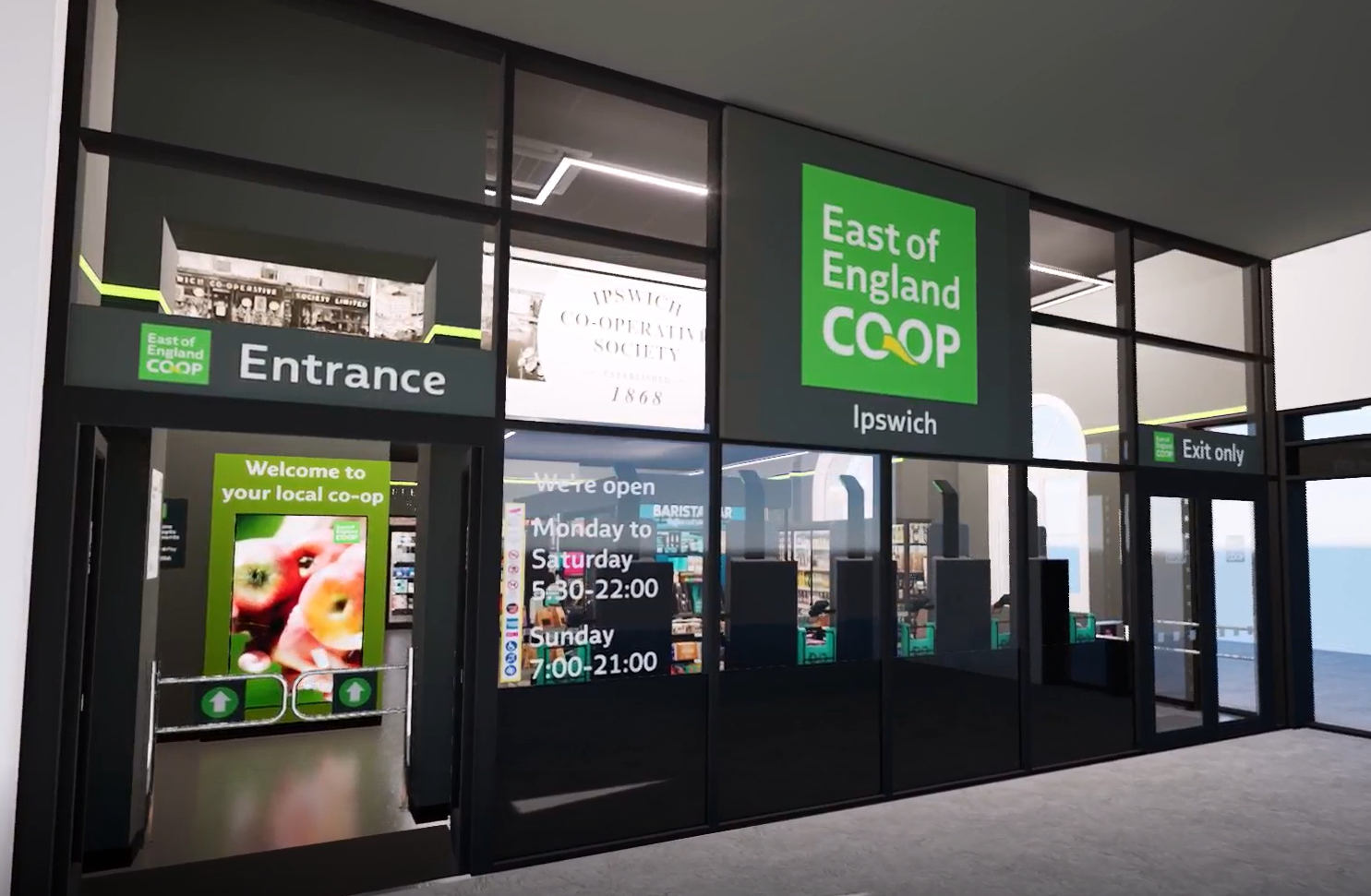 An exterior render of the new East of England Co-op store at Ipswich railway station