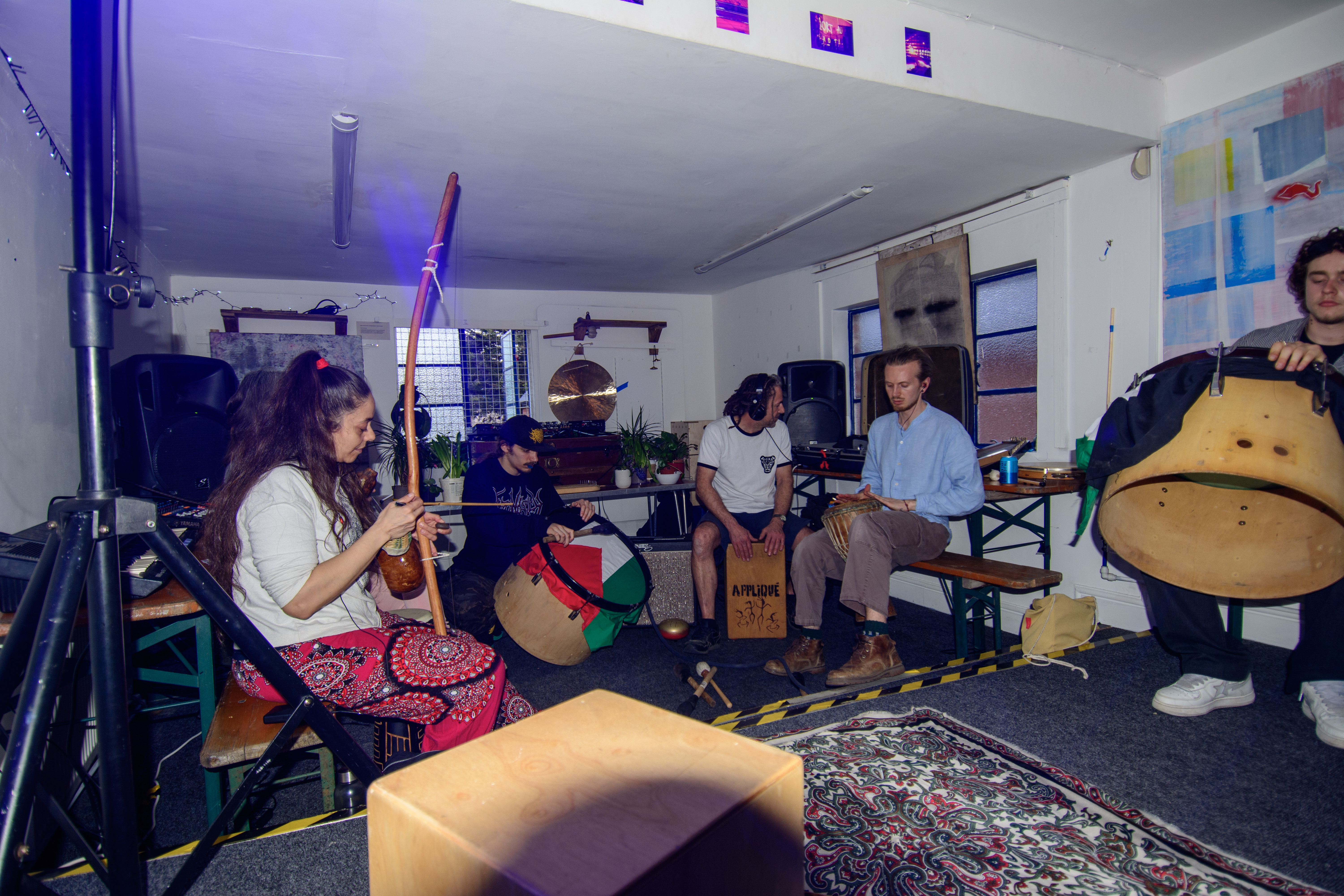 A group of Cognito musicians play a mix of acoustic and electronic instruments at The Hive, in a semi-improvised jam session