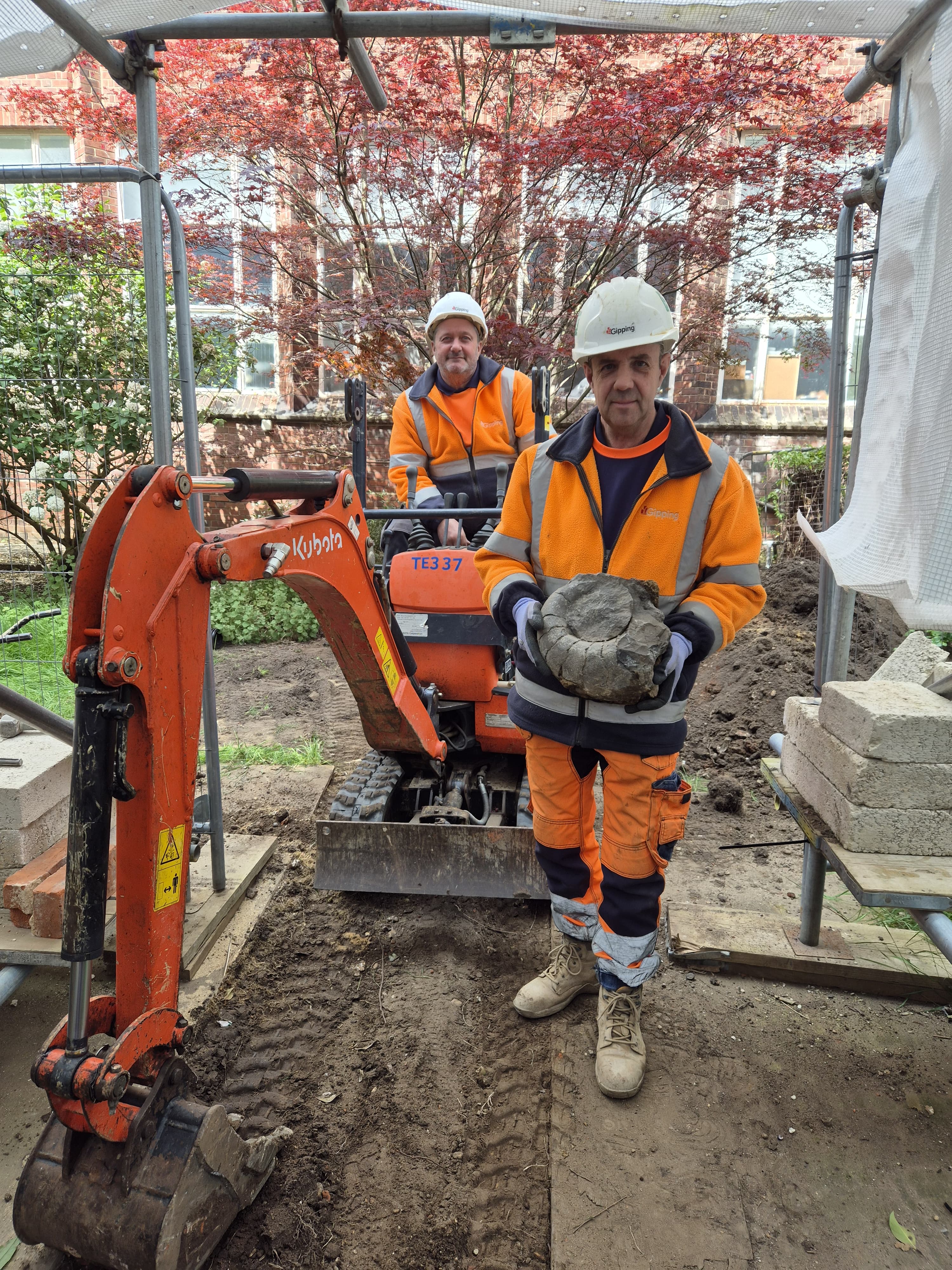 Workers with the excavated ammonite