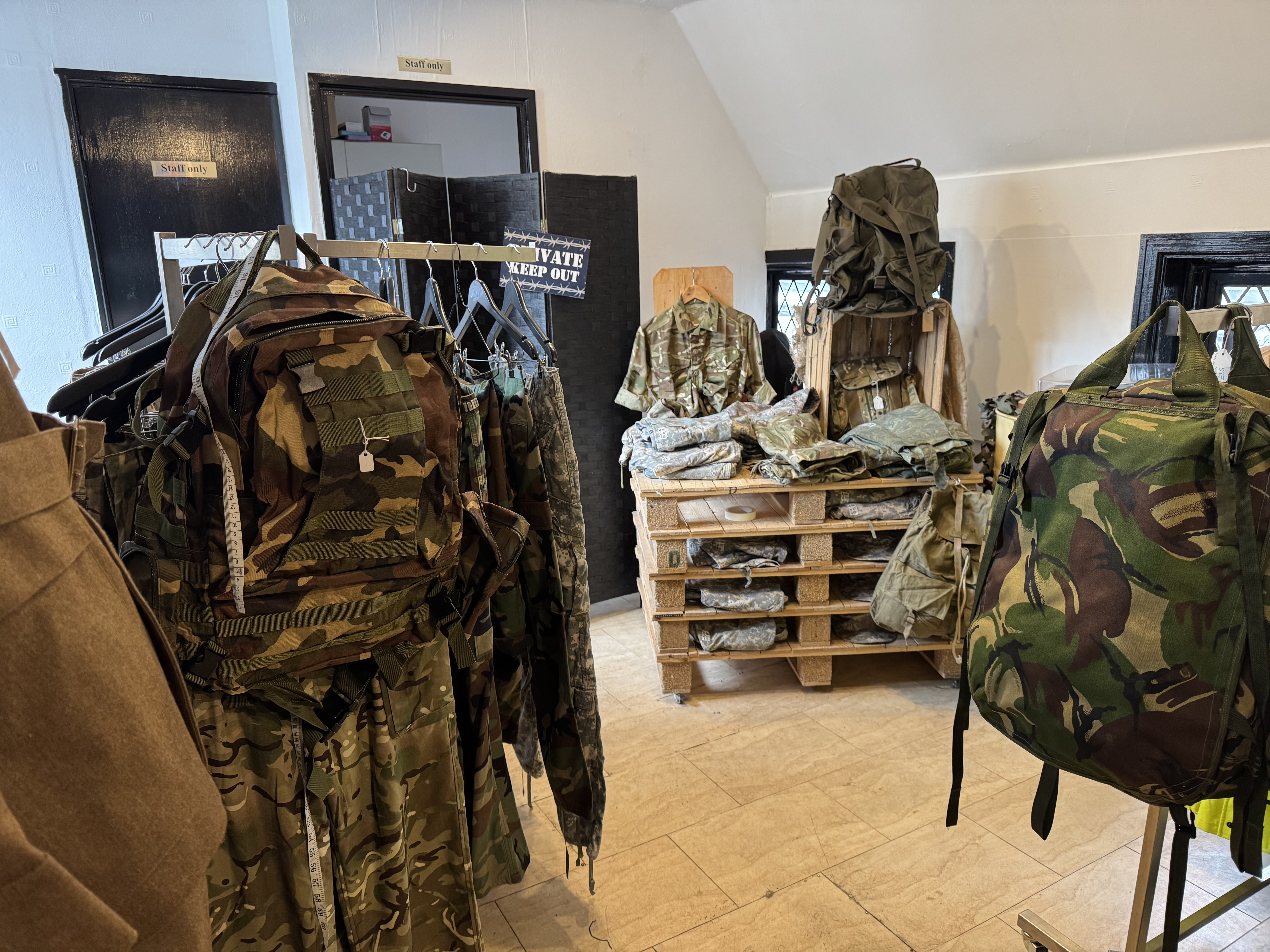 There's a wide range of military surplus on the first floor