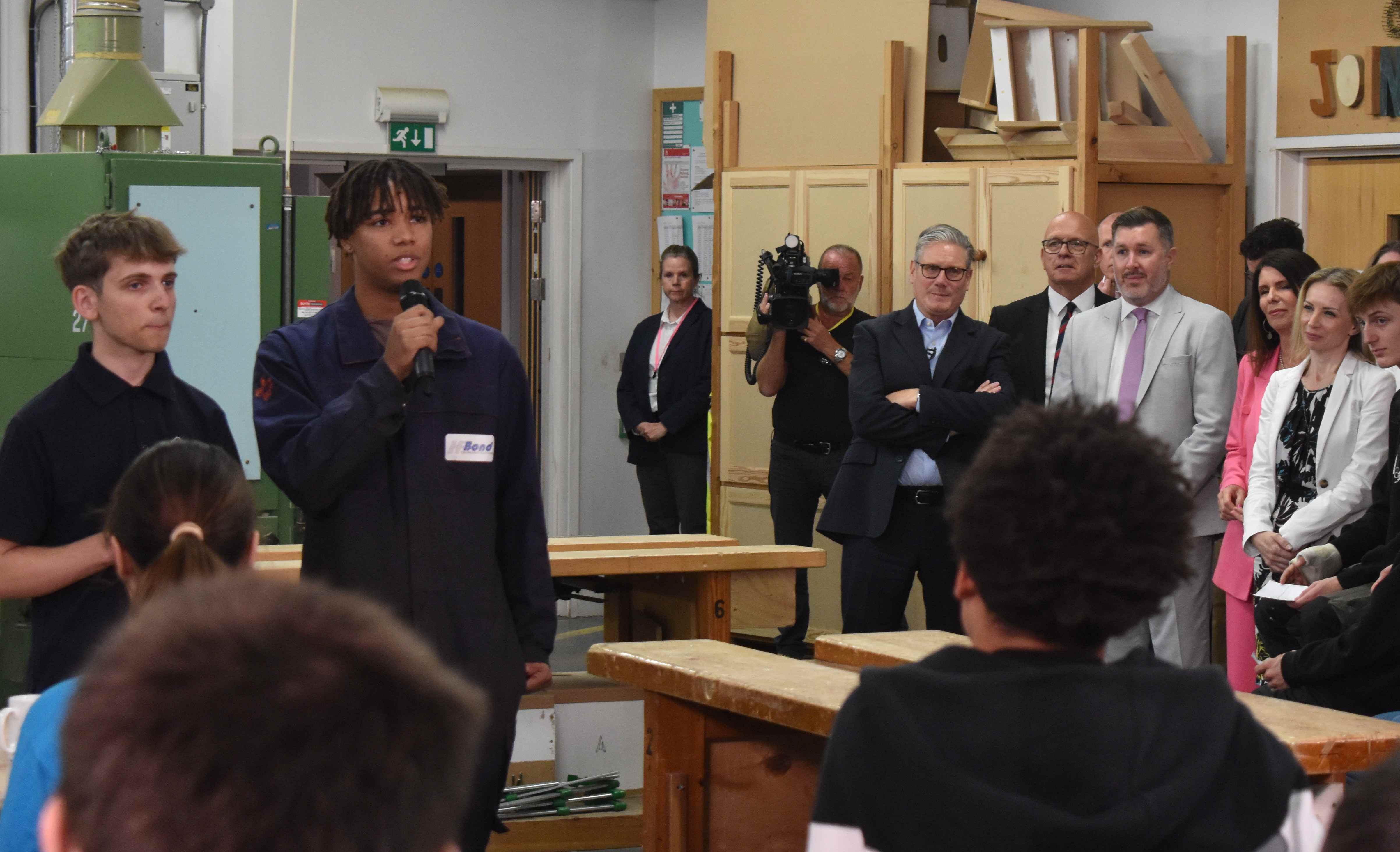 Leo Banfield and Maliki Mullett welcome Sir Keir Starmer to Suffolk New College