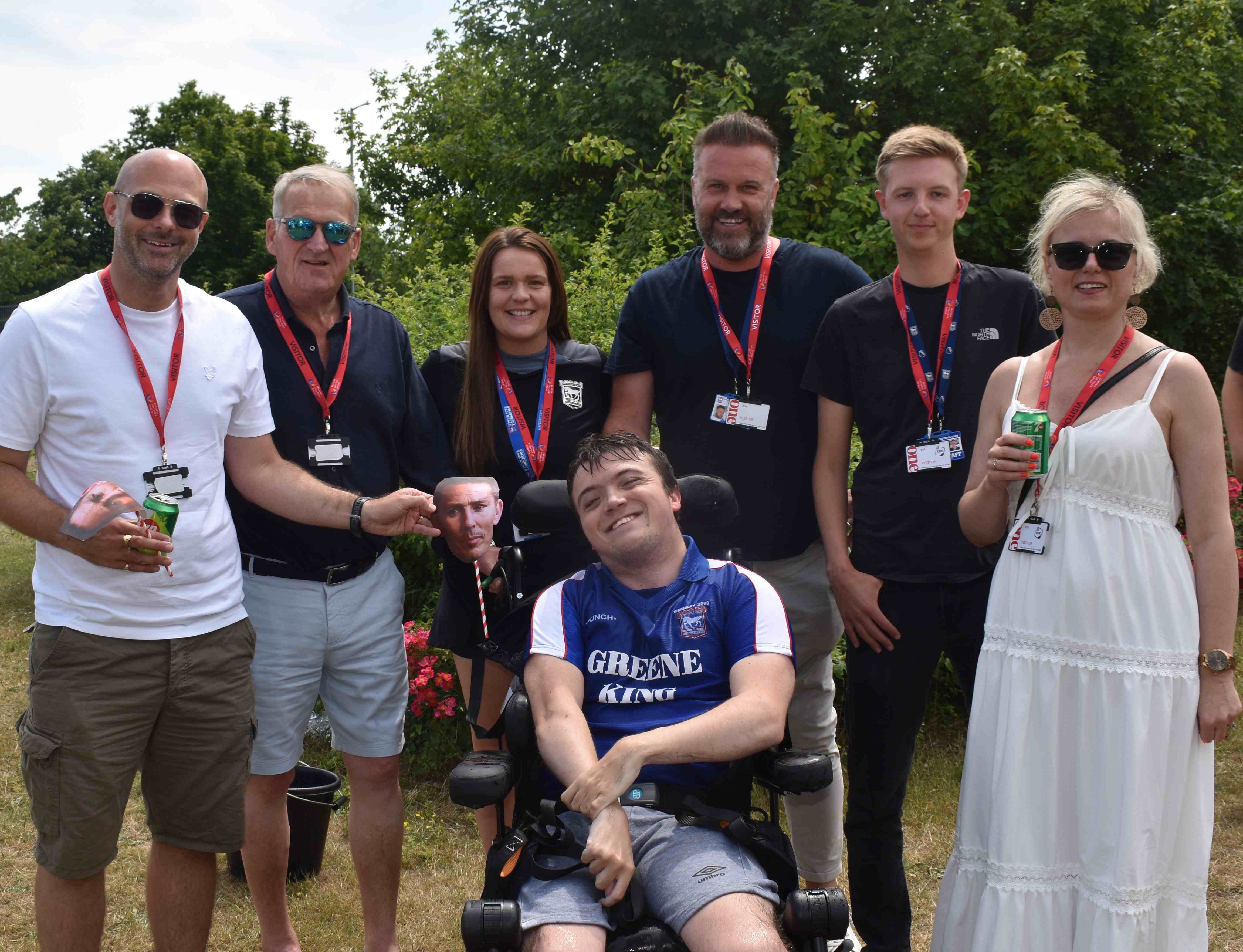 Mike Kemp (Harrison's dad), Peter Over, Leanne and Lee Smith, Tom Grover and Nikki Kemp (Harrison's mum) with Harrison after the challenge