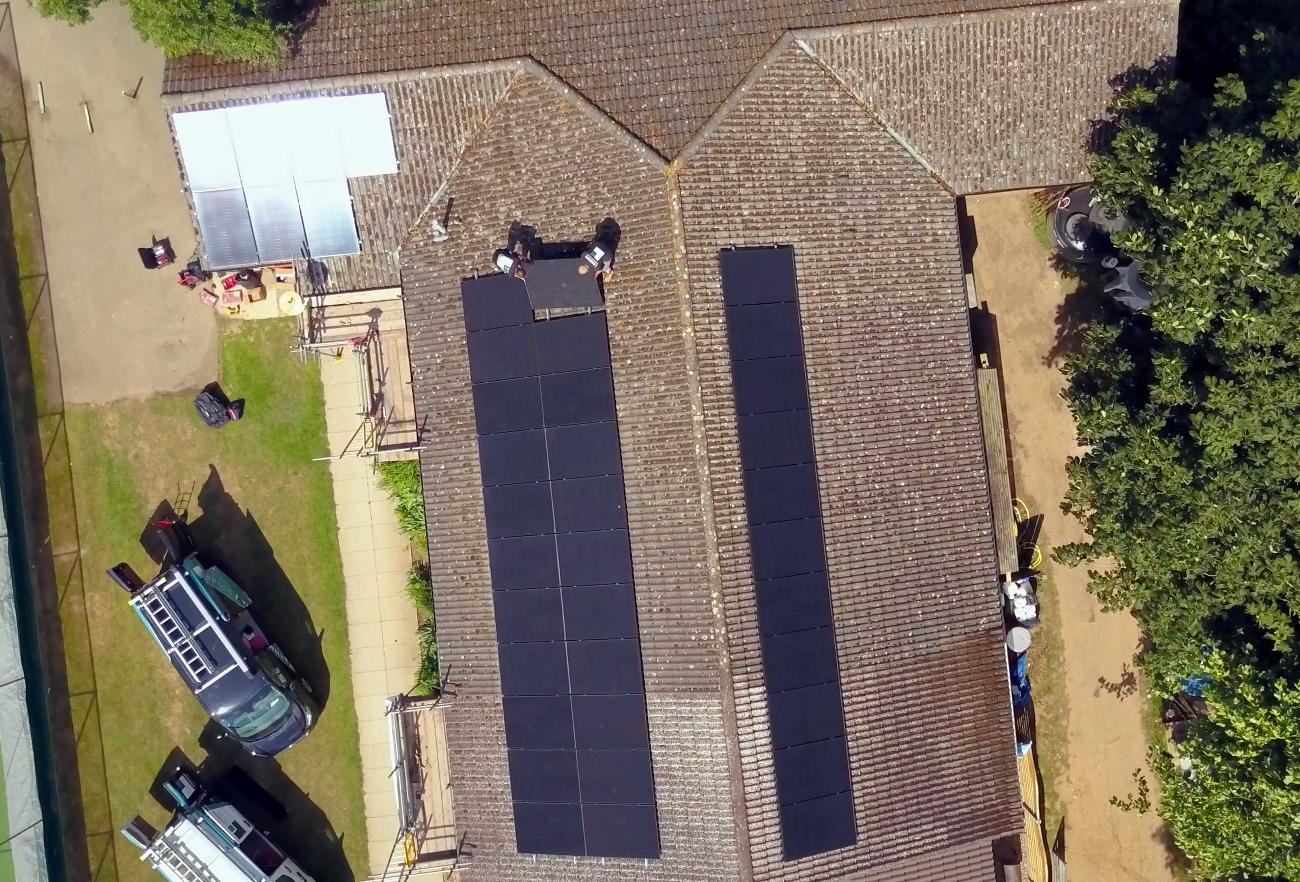 A drone captures the installation of solar panels on the Copdock Cricket Club pavilion