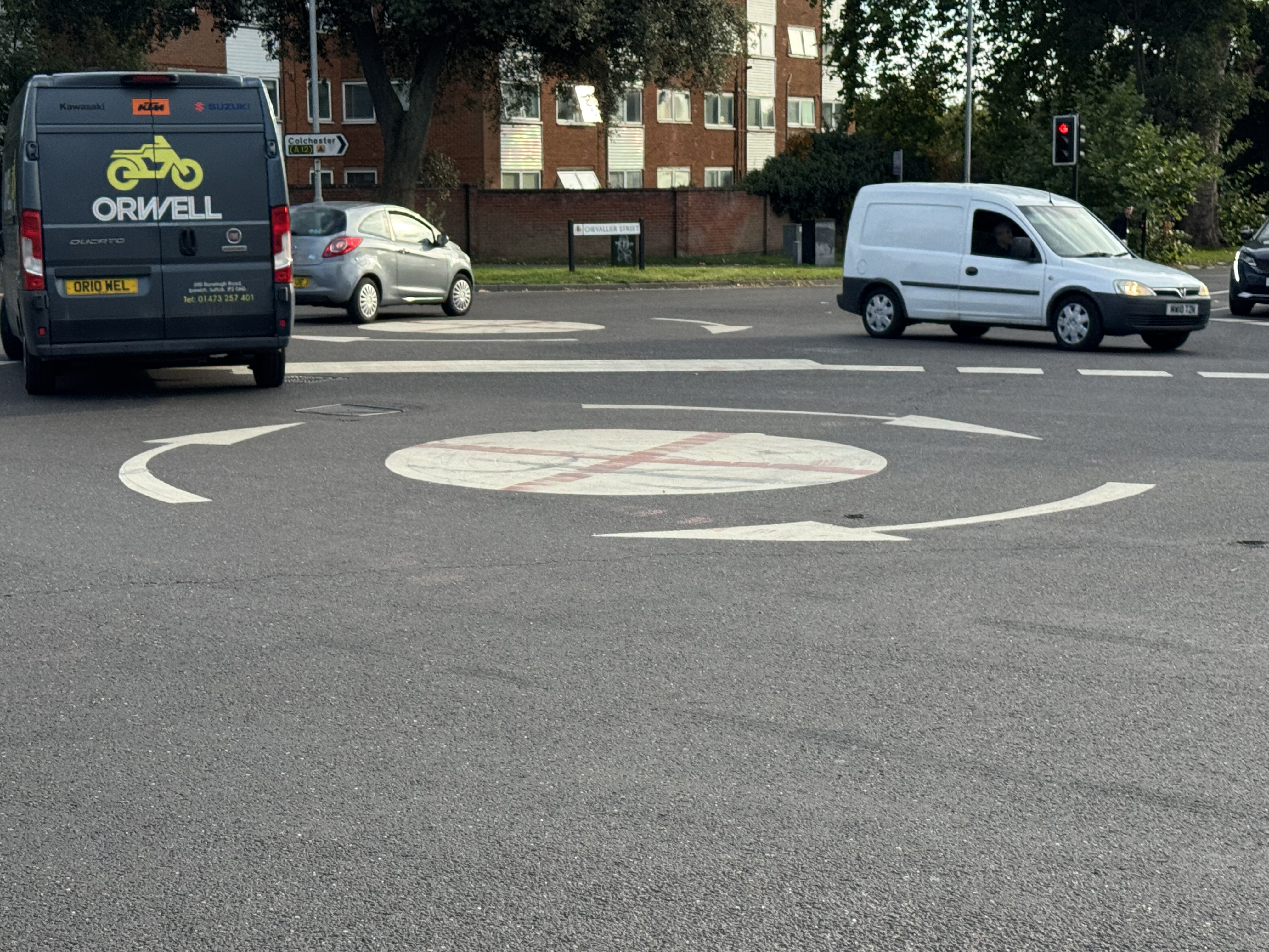 A St George's Cross painted on a roundabout in Ipswich