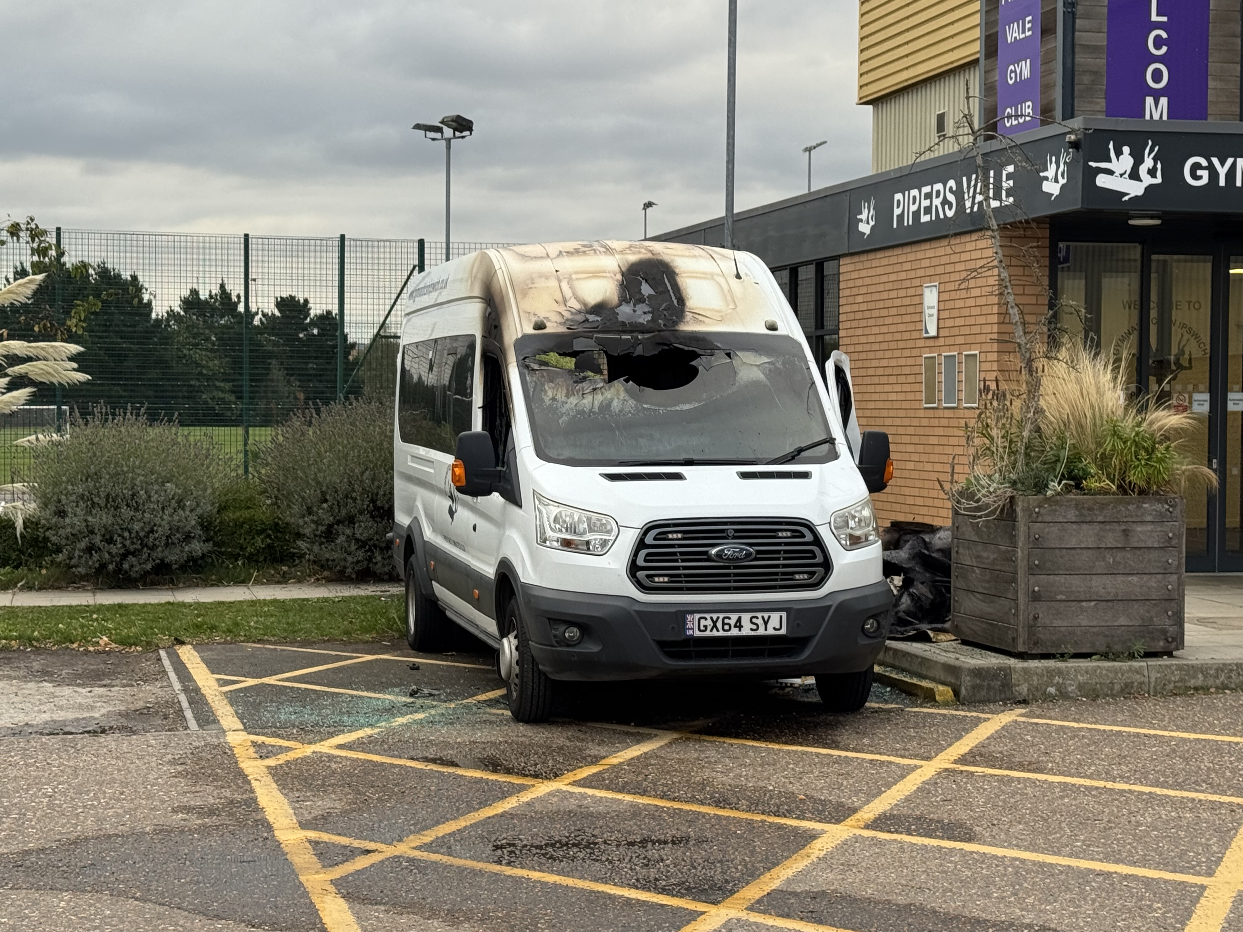 A burnt out van in the car park at Gainsborough Sports Centre
