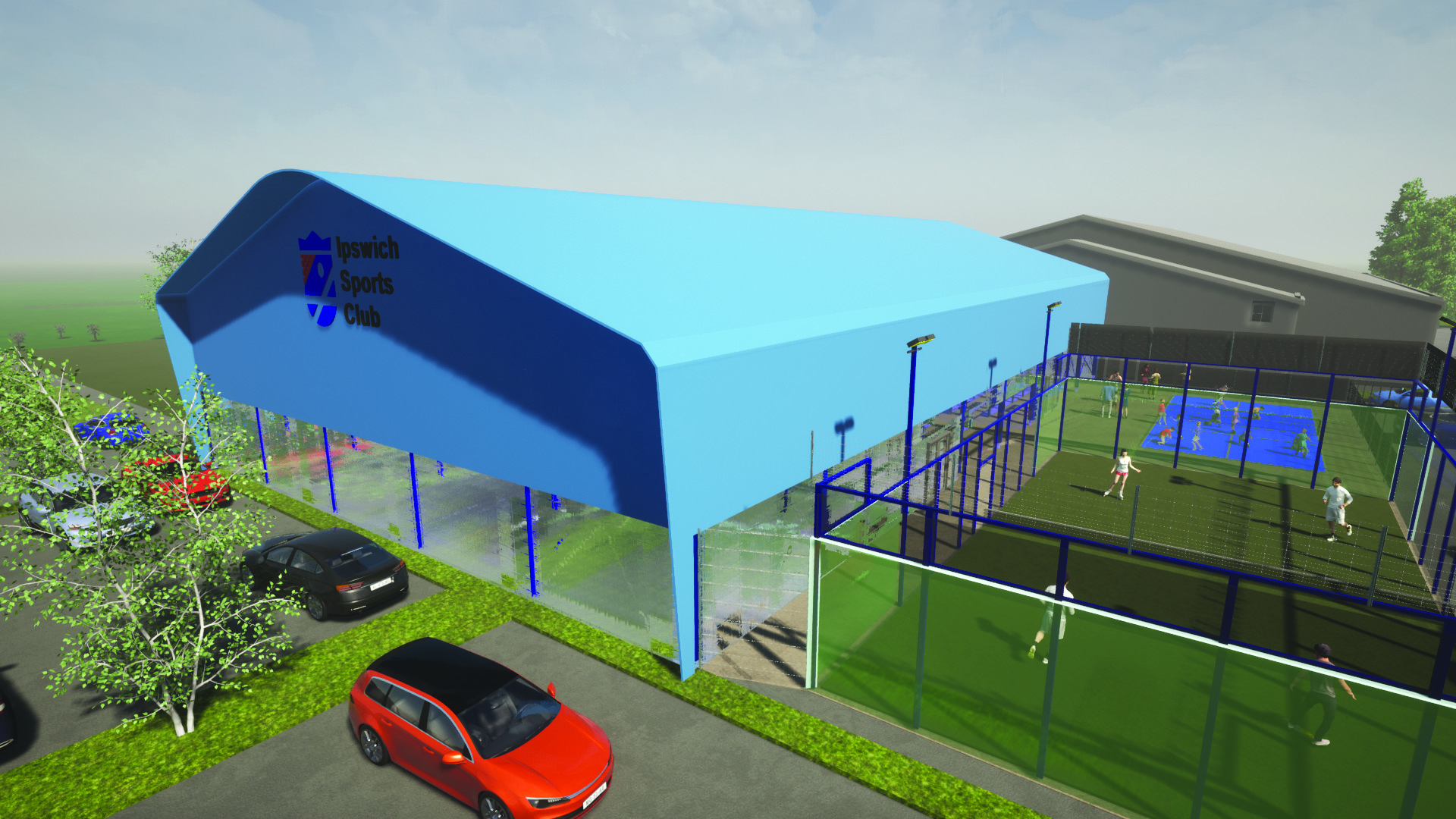 A 3D render of the proposed covered padel court at Ipswich Sports Club