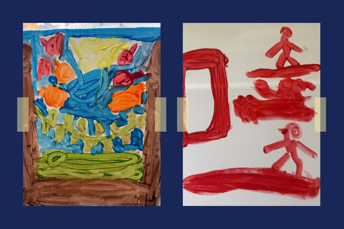 Two child paintings shown side by side. The first is bright and colourful with greens, blues and oranges. The second is darker and more chaotic, with strong red and blue strokes. Both are painted by a young child.
