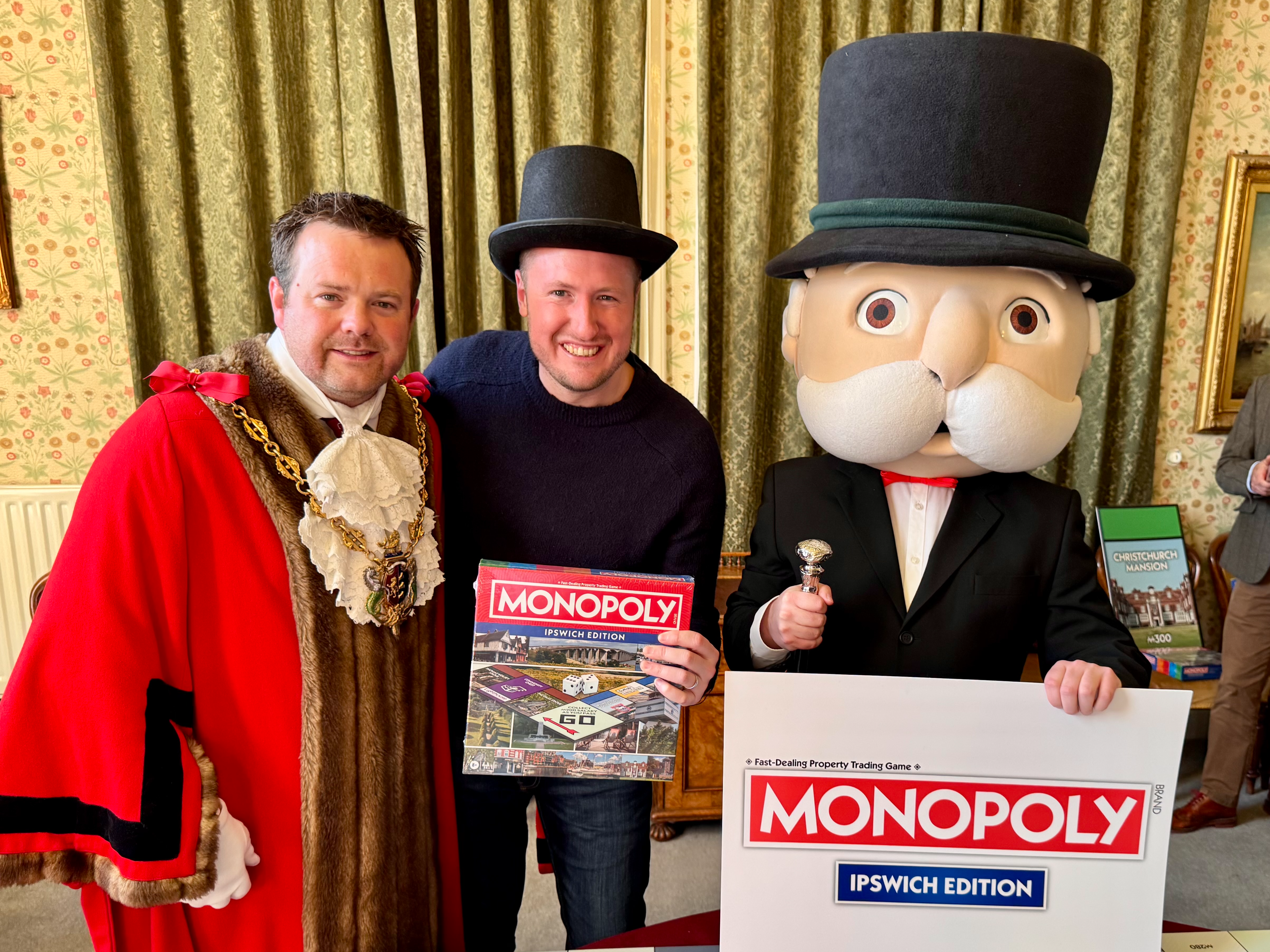 Ipswich.co.uk founder with Ipswich Mayor Stefan Long and Mr Monopoly