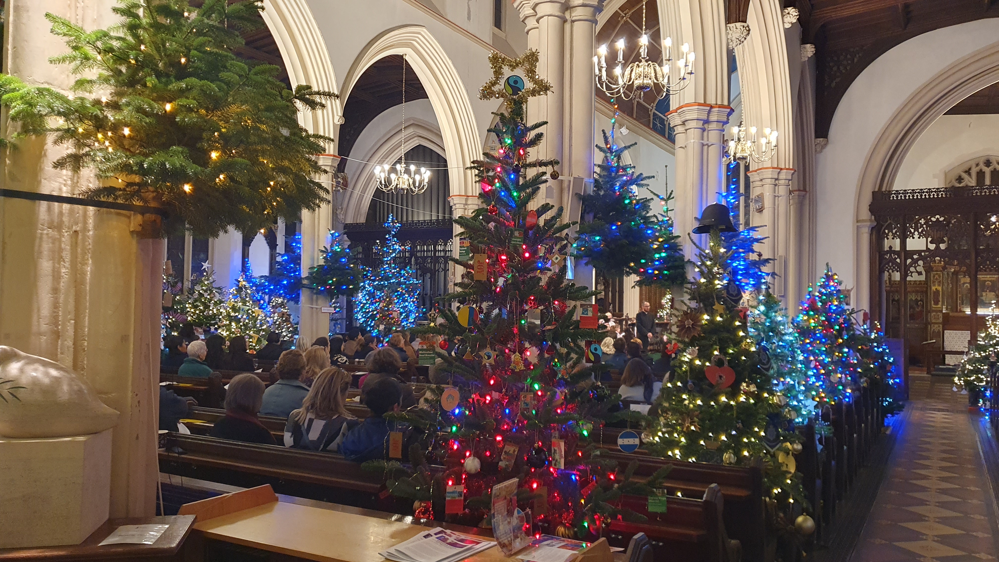 Church with Christmas trees