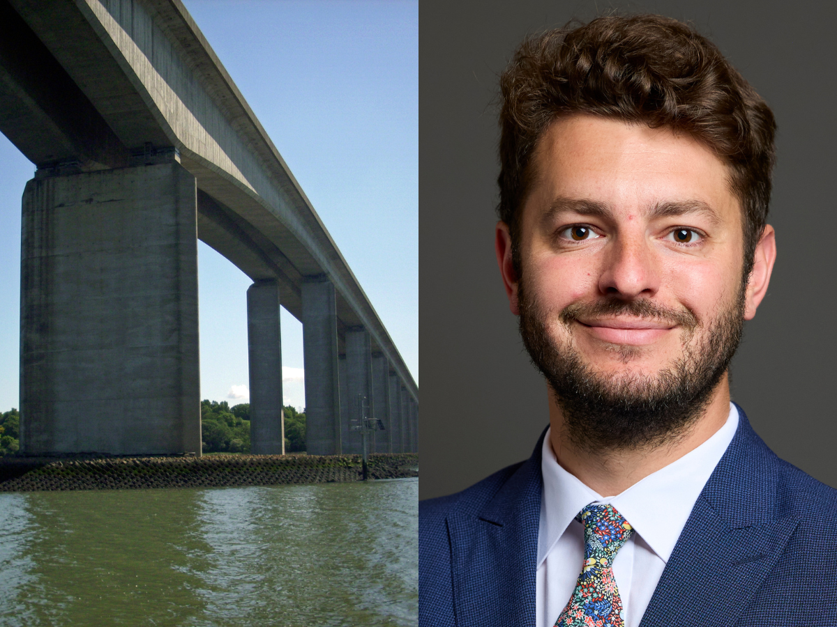 A picture of the Orwell Bridge in Ipswich next to Jack Abbott's headshot