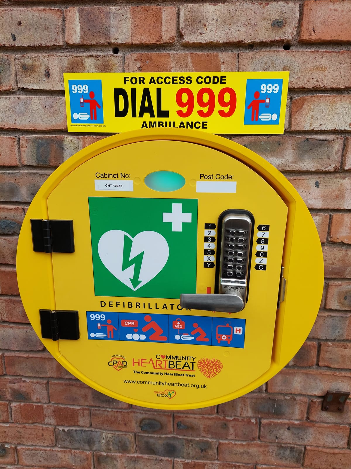 Defibrillator machine mounted on a wall