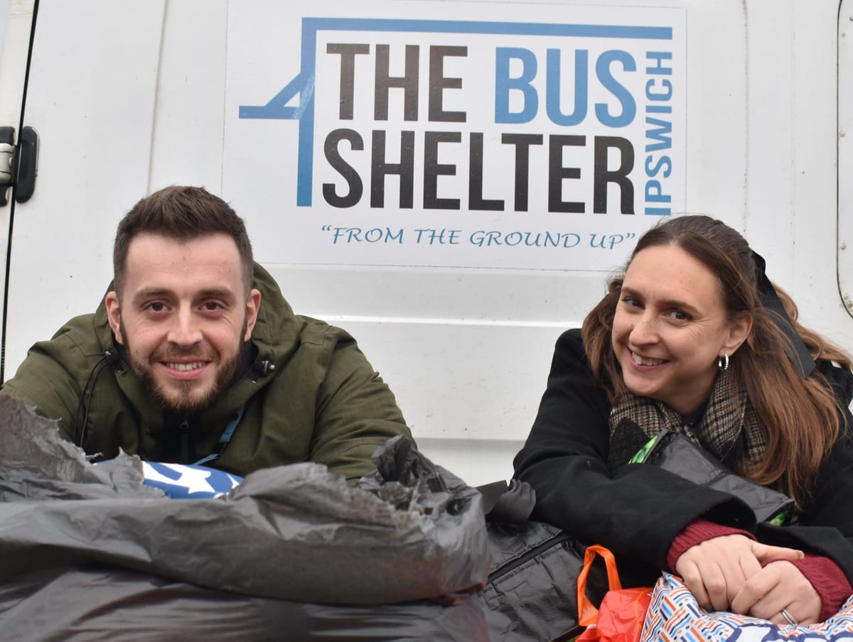 Ben Ransby and Cherese Bradnum from Suffolk New College handed over 15 bags of clothes to the Bus Shelter in Ipswich