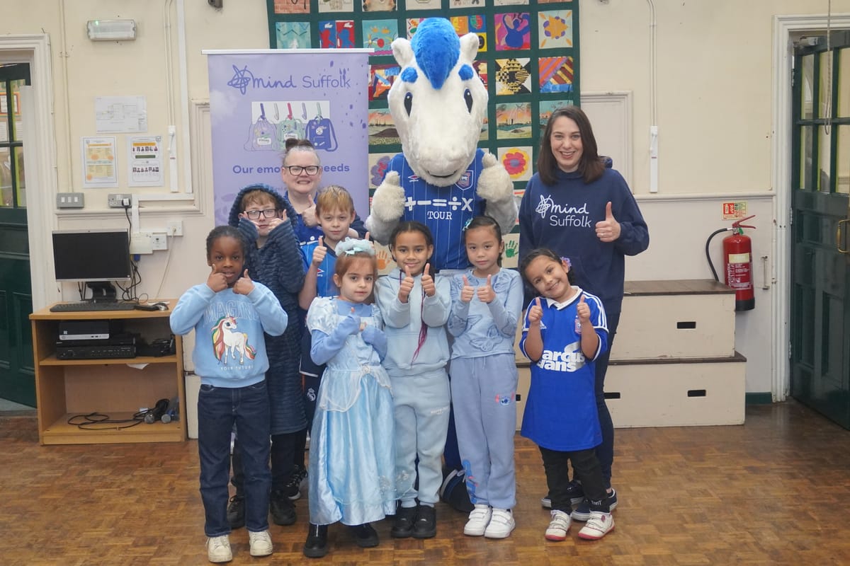 Ipswich Town's mascot, Bluey, surprised pupils at Ranelagh Primary School