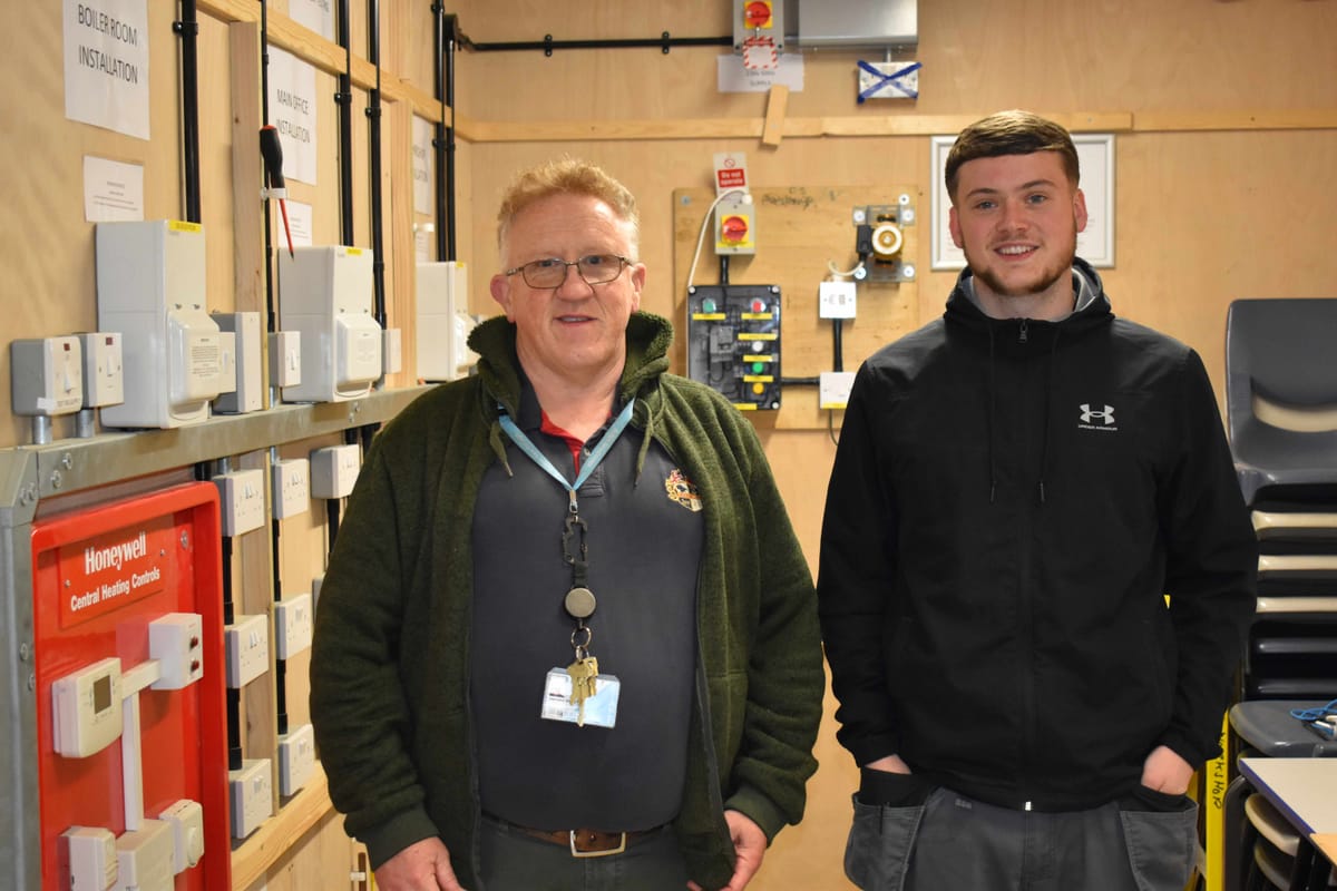 Lawrence Metcalfe and Zack at Suffolk New College preparing for the national SPARKS final