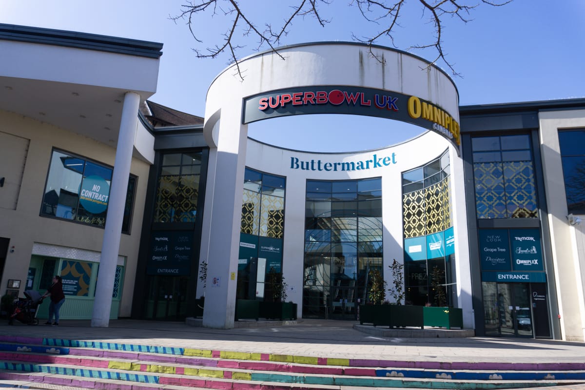 Outside Buttermarket Shopping Centre in Ipswich