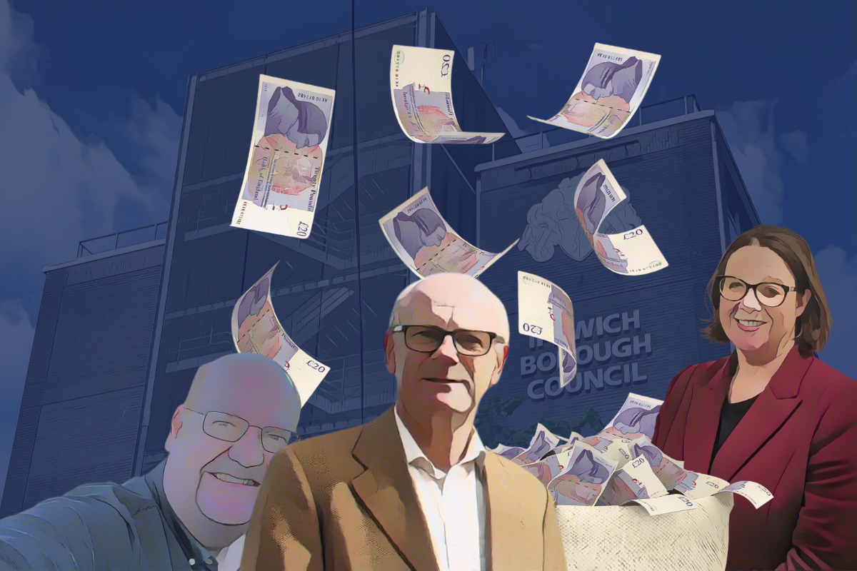 Neil Macdonald and Helen Pluck of Ipswich Borough Council with money falling from the sky and the Ipswich Borough Council office in the background