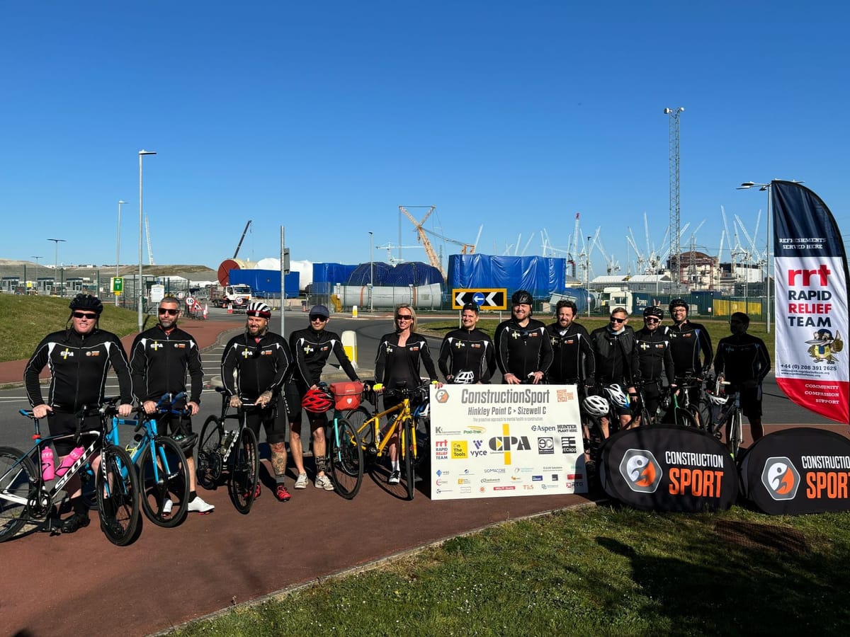 Riders prepare to set off from Hinkley Point C in Somerset on their 300-mile cycling challenge