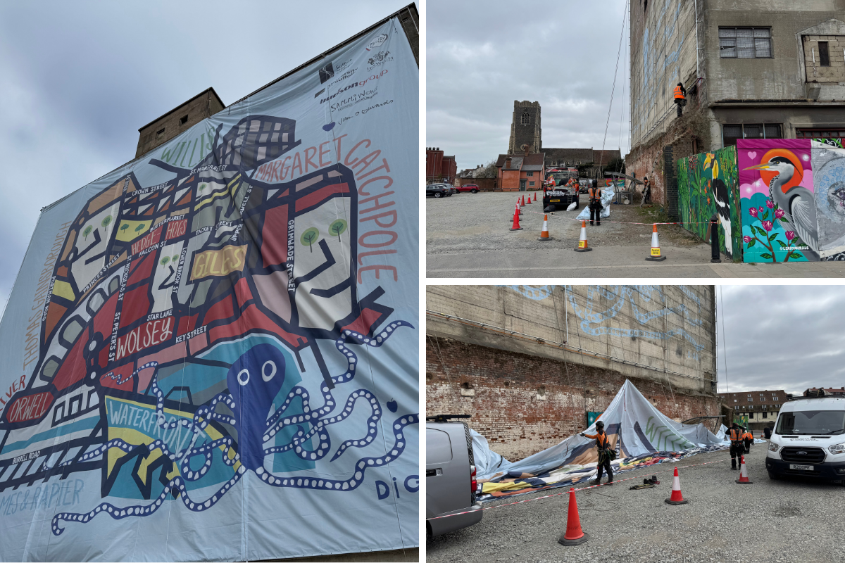 Image collage of the mural going up