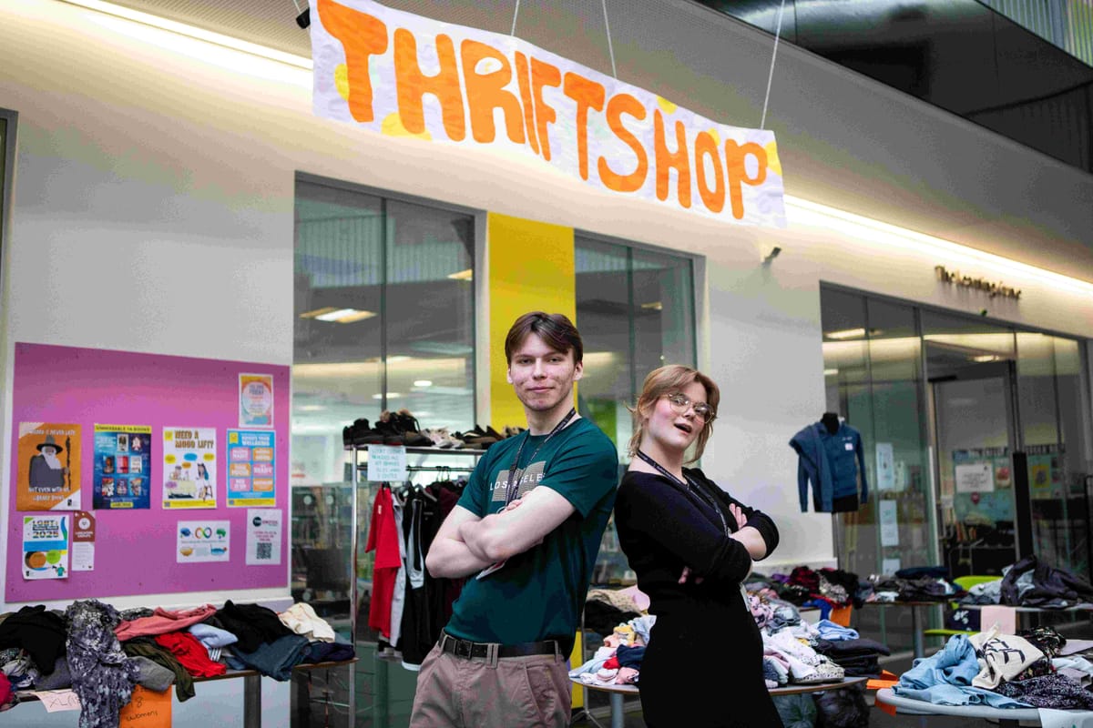 Jake Smith and Emily Merry-Brown helped create a pop up thrift shop to raise money for charity during a social action month at Suffolk New College