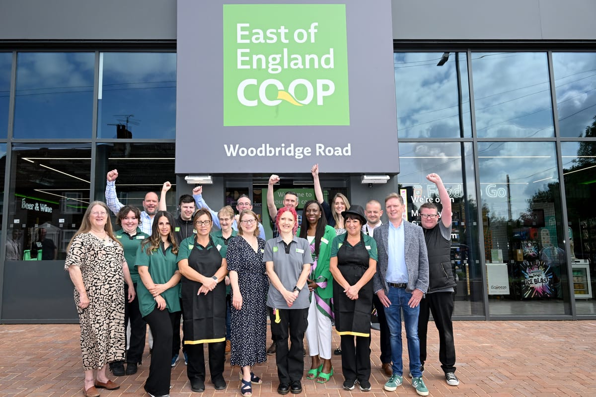 Staff outside the new Woodbridge Road East of England Co-op