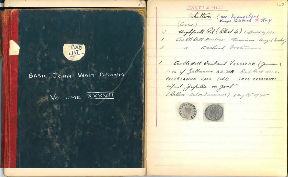 Pages from Basil Brown’s notebook recording artefacts found at Castle Hill in Ipswich