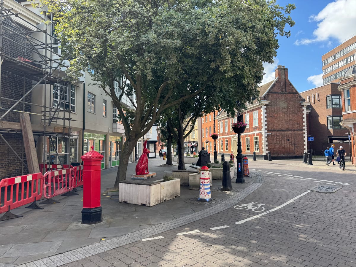Temporary planters and seating on Wolsey Square