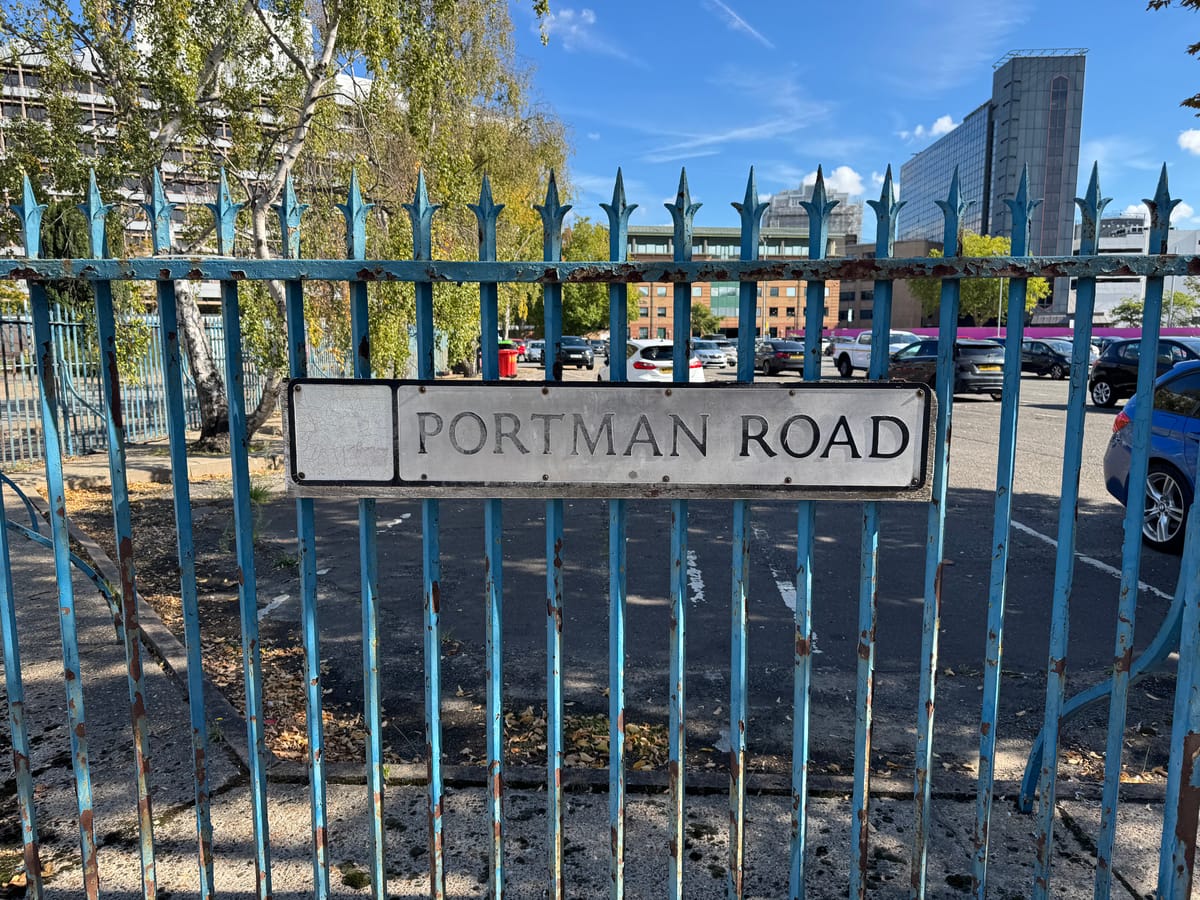 Portman Road sign on one of the Portman Road car park fences