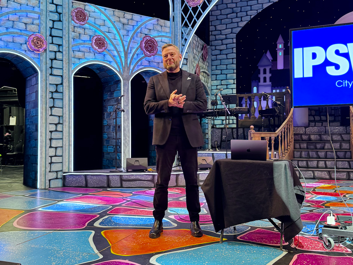Mark Ashton giving a speech at the New Wolsey Theatre on Ipswich's City of Culture bid