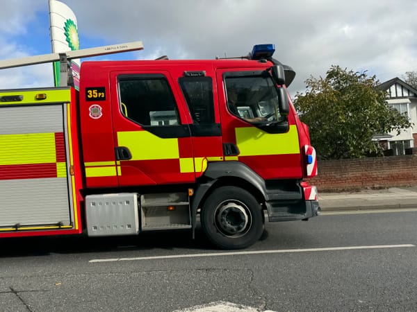 A fire engine travelling down Norwich Road in Ipswich