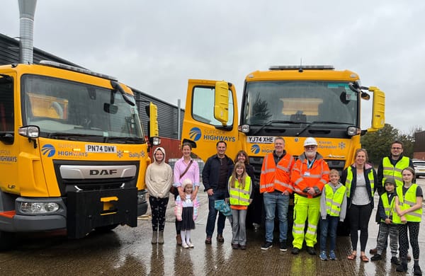 Cllr Paul West and some of the Suffolk Highways Gritter Naming Competition winners