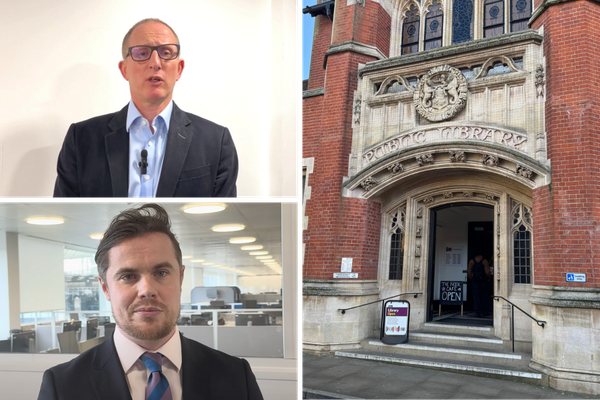A photo collage of Councillor Philip Faircloth-Mutton, Bruce Leeke and the County Library in Ipswich