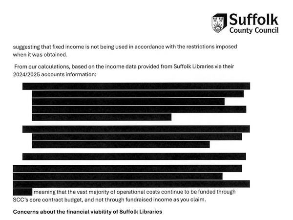Much of the information in Suffolk County Council's cabinet paper was redacted, which the council says was at Suffolk Library's request